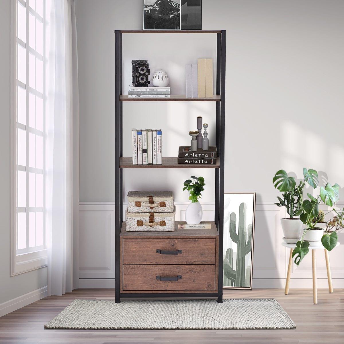 Shop Home Office 4-Tier Bookshelf, Simple Industrial Bookcase Standing Shelf Unit Storage Organizer with 4 Open Storage Shelves and Two Drawers, Brown Mademoiselle Home Decor