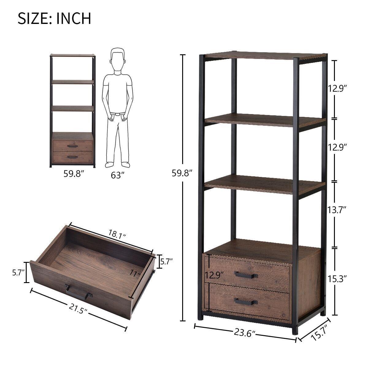 Shop Home Office 4-Tier Bookshelf, Simple Industrial Bookcase Standing Shelf Unit Storage Organizer with 4 Open Storage Shelves and Two Drawers, Brown Mademoiselle Home Decor