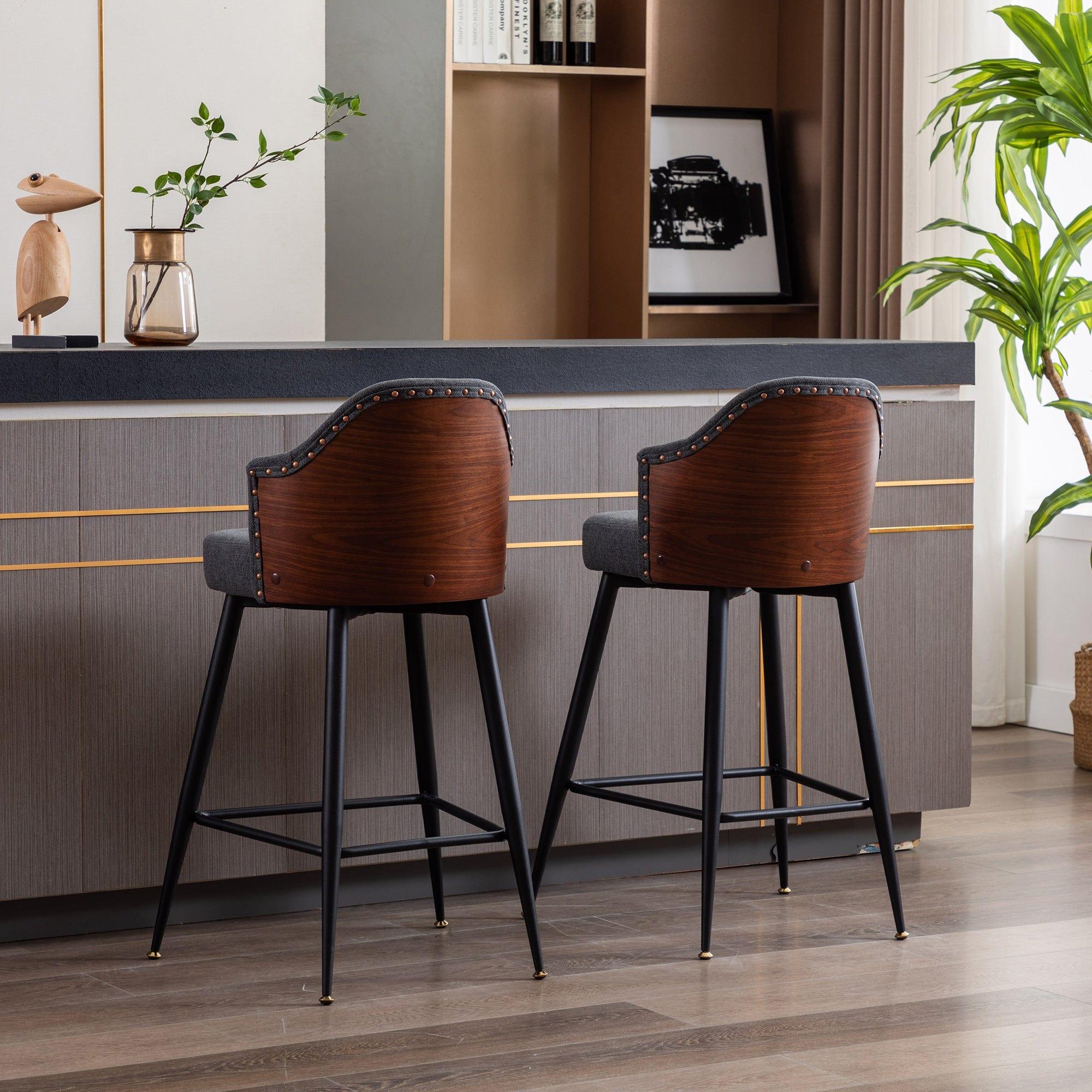 Shop Set of 2 Counter Bar Stools, Fabric Upholstered Bar Stool with Nailhead Trim Back, Metal Legs in Matte Black, 25.59" H Seat Height Mademoiselle Home Decor