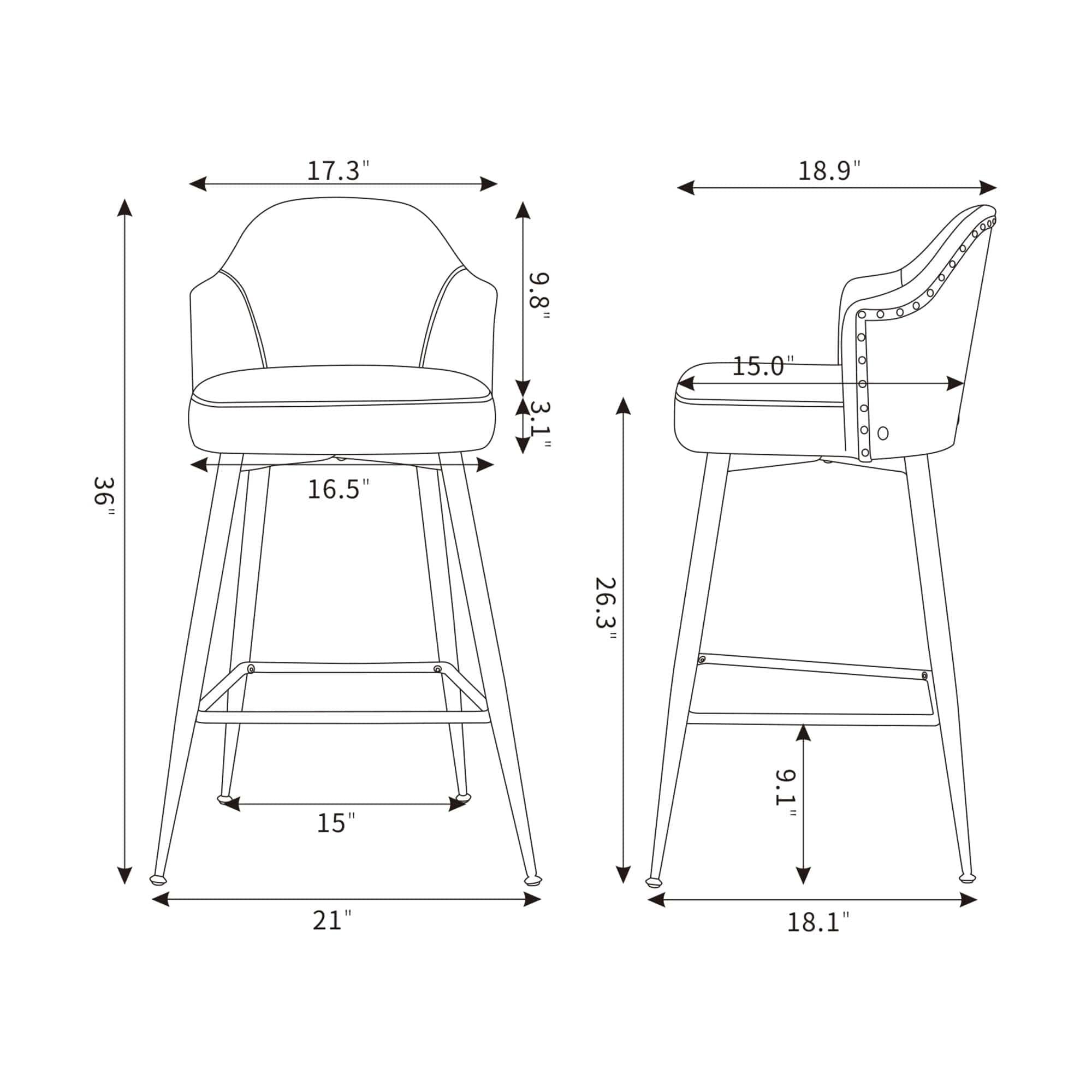 Shop Set of 2 Counter Bar Stools, Fabric Upholstered Bar Stool with Nailhead Trim Back, Metal Legs in Matte Black, 25.59" H Seat Height Mademoiselle Home Decor