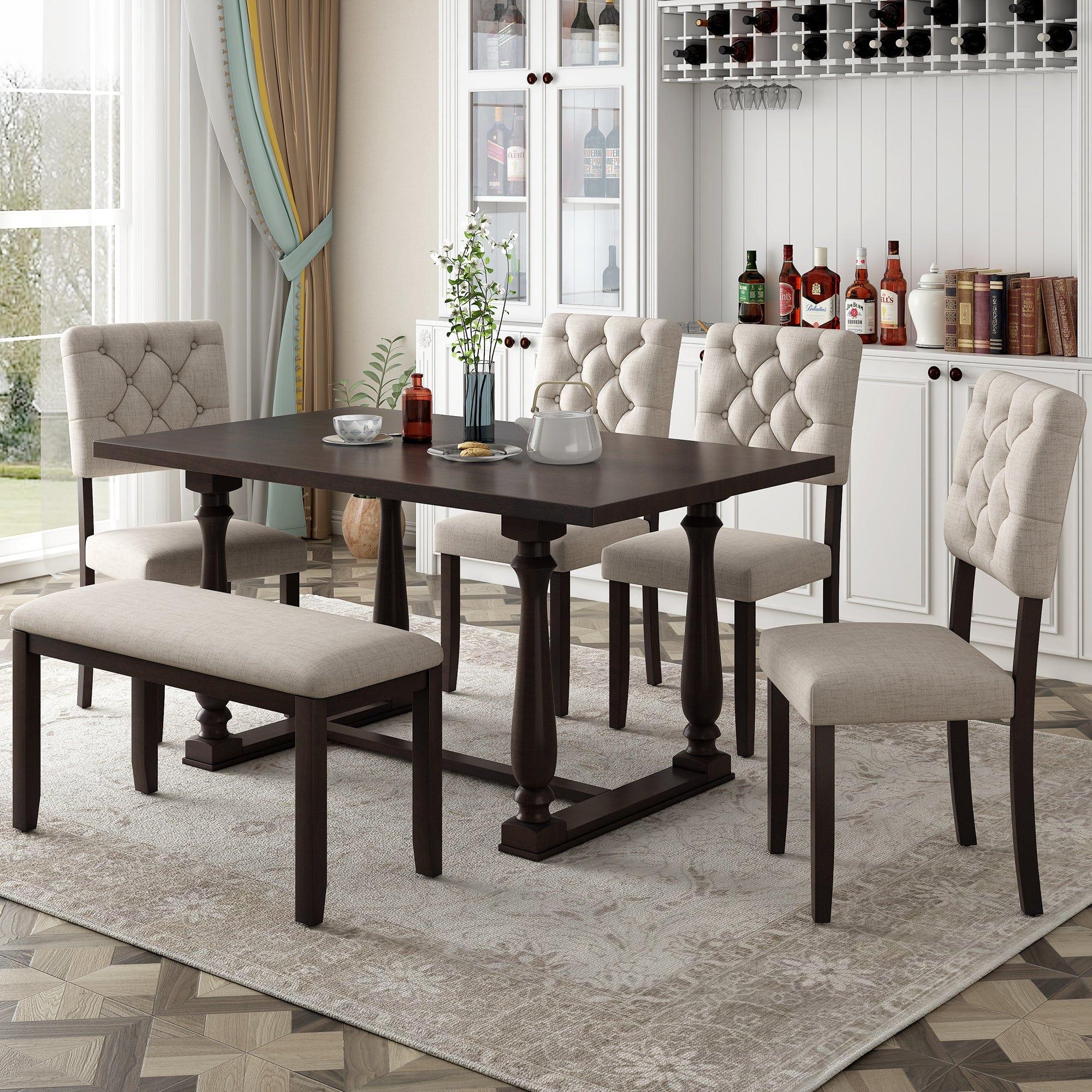 Shop TREXM 6-Piece Dining Table and Chair Set with Special-shaped Legs and Foam-covered Seat Backs&Cushions for Dining Room (Espresso) Mademoiselle Home Decor