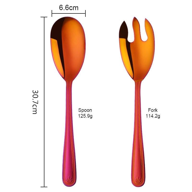 Shop 0 1 Set(2 Pcs) / Rainbow03 Big Salad Spoon Fork Set Stainless Steel Kitchen Food Server Pasta Utensils Public Gold Tableware Using Buffet Restaurant Tools Mademoiselle Home Decor