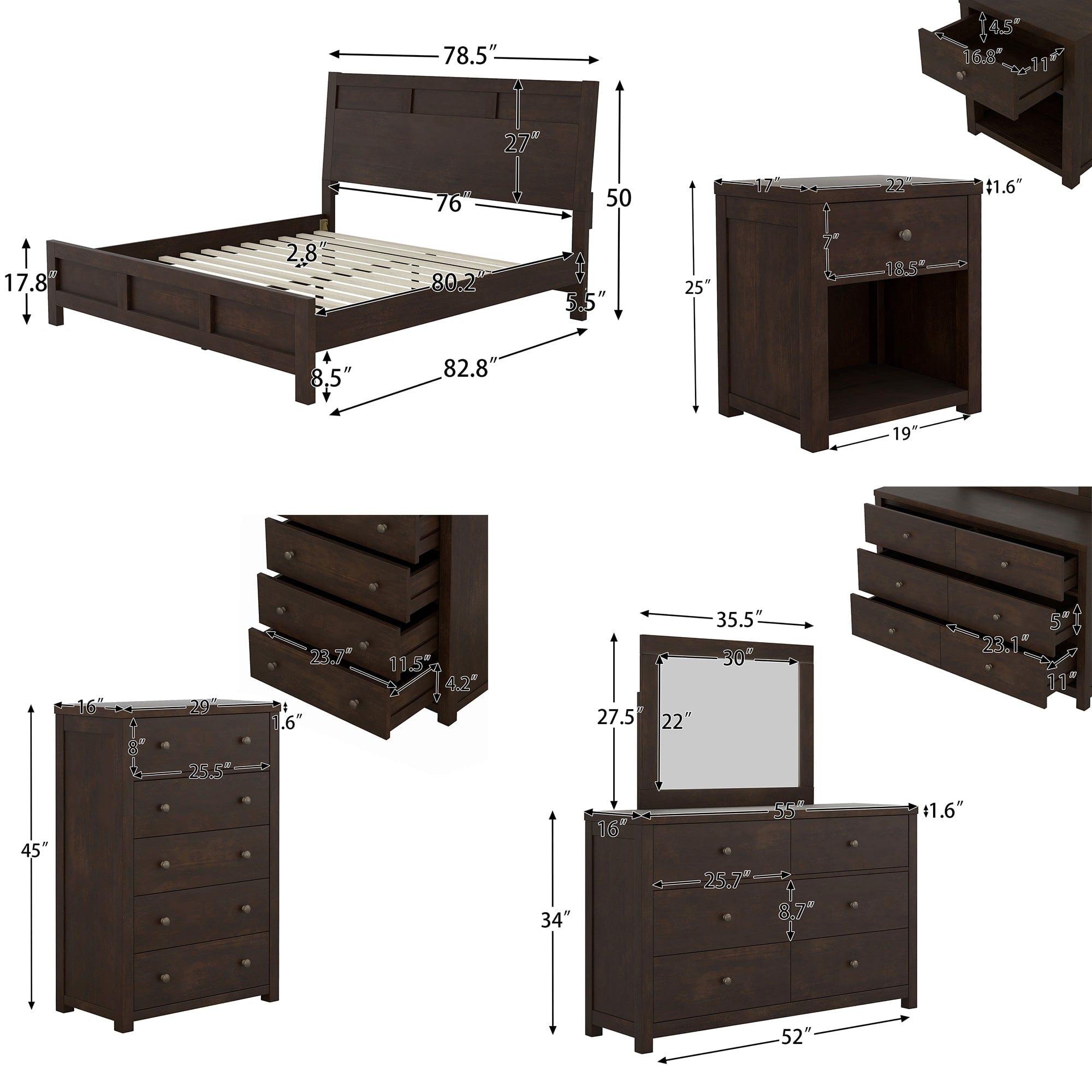 Shop Classic Rich Brown 6 Pieces King Bedroom Set ( King Bed + Nightstand*2+ Dresser + Chest + Mirror) Mademoiselle Home Decor