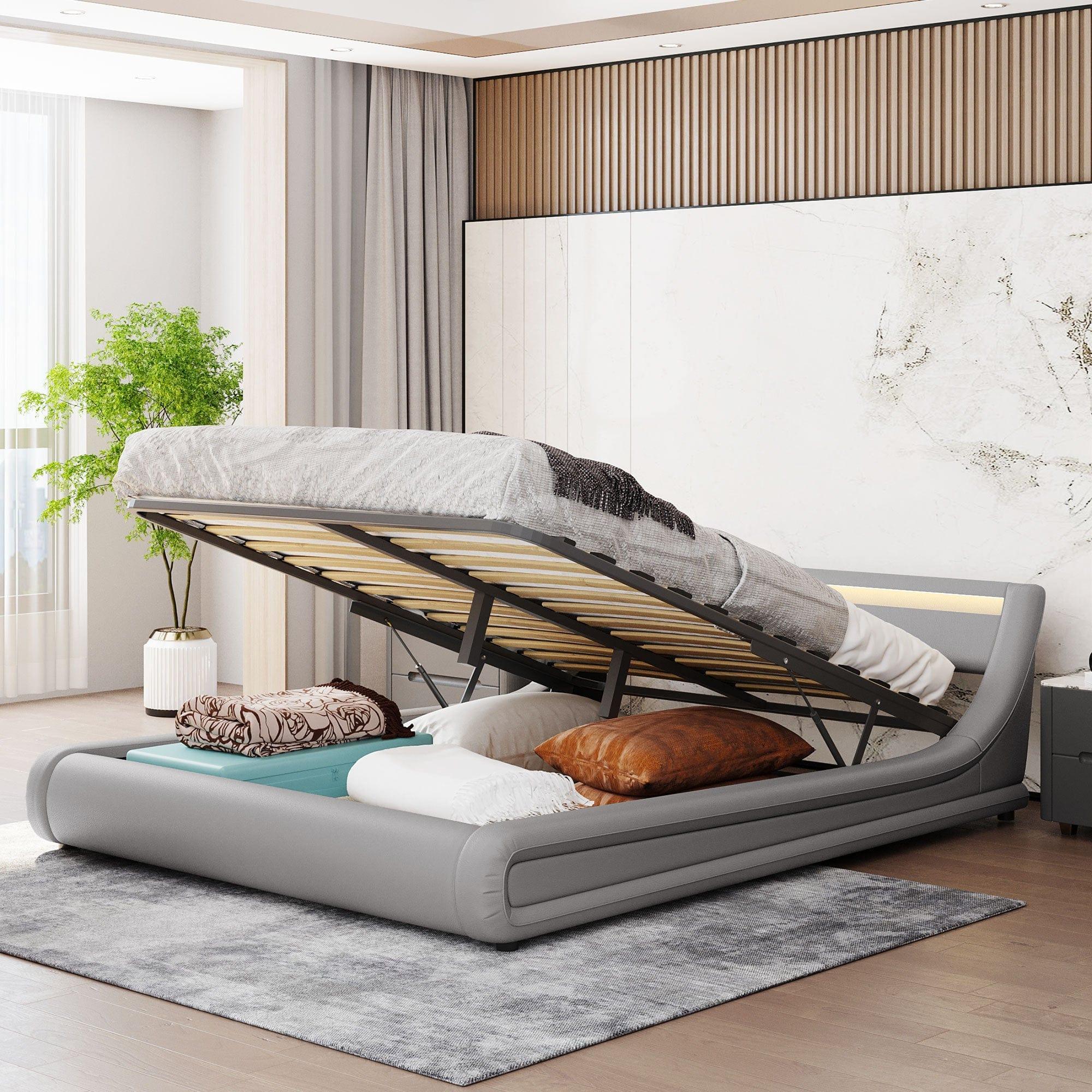 Shop Upholstered Faux Leather Platform bed with a Hydraulic Storage System with LED Light Headboard Bed Frame with Slatted Queen Size Mademoiselle Home Decor