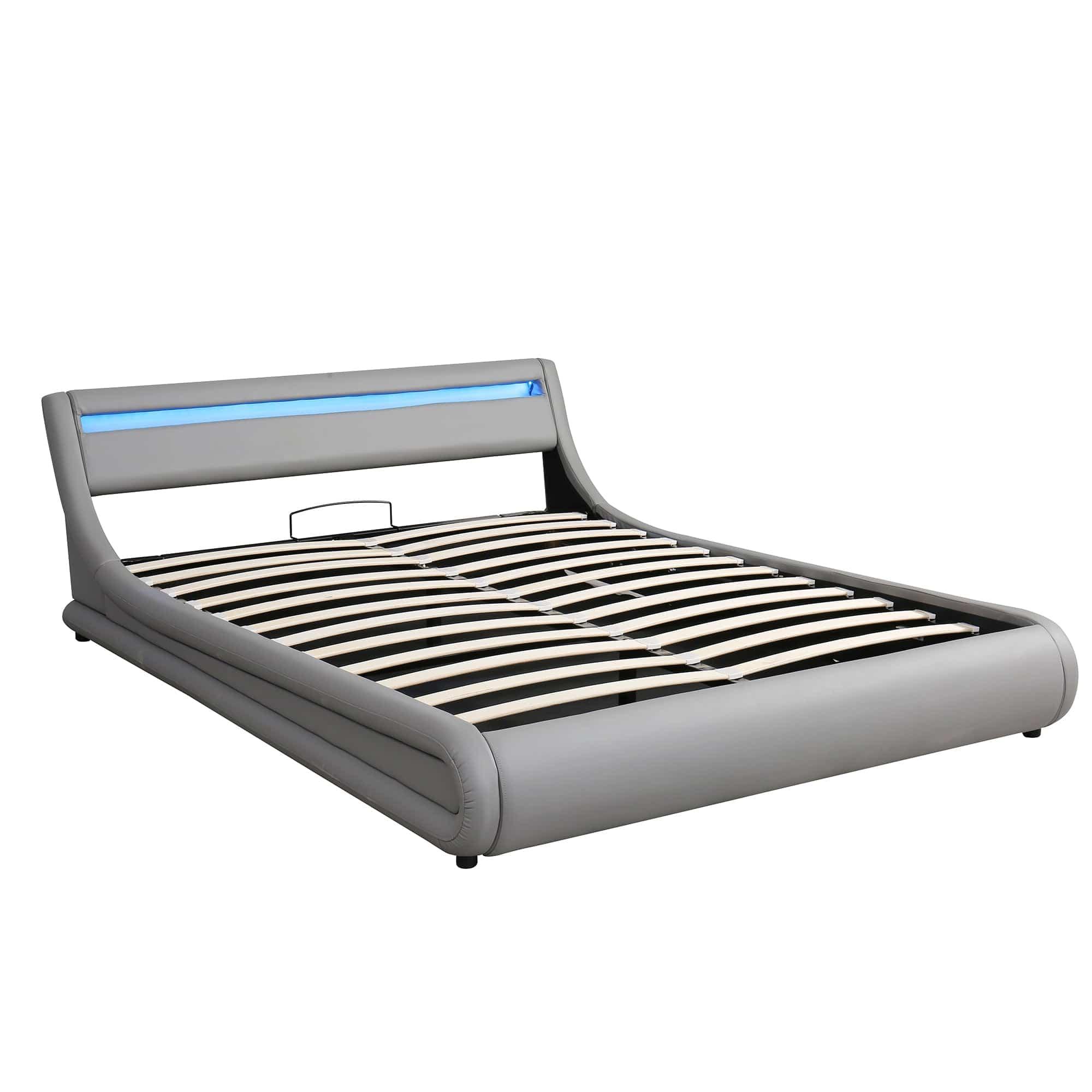 Shop Upholstered Faux Leather Platform bed with a Hydraulic Storage System with LED Light Headboard Bed Frame with Slatted Queen Size Mademoiselle Home Decor