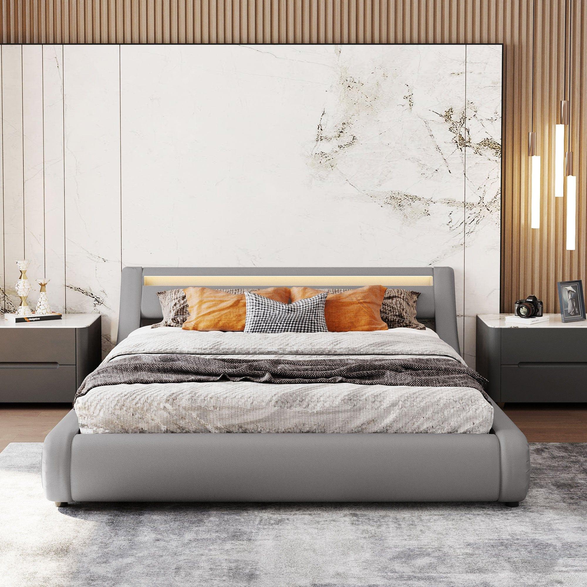 Shop Upholstered Faux Leather Platform bed with a Hydraulic Storage System with LED Light Headboard Bed Frame with Slatted Queen Size Mademoiselle Home Decor