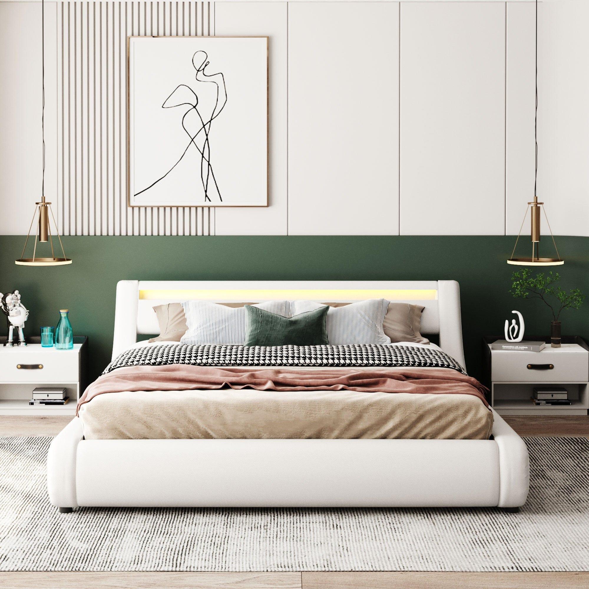 Shop Upholstered Faux Leather Platform bed with a Hydraulic Storage System with LED Light Headboard Bed Frame with Slatted Queen Size Mademoiselle Home Decor