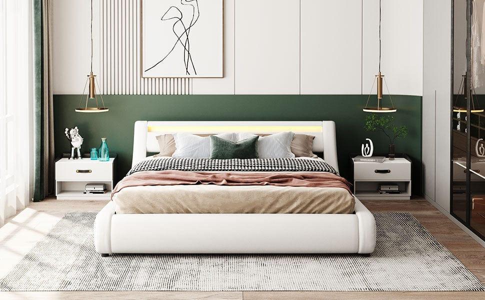 Shop Upholstered Faux Leather Platform bed with a Hydraulic Storage System with LED Light Headboard Bed Frame with Slatted Queen Size Mademoiselle Home Decor