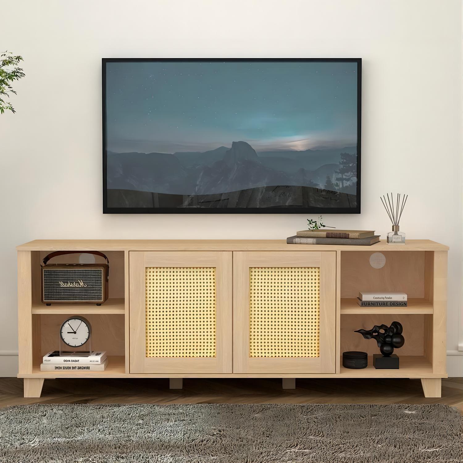 Shop 64.4" Rattan TV Stand for 65/70 inch TV Living Room Storage Console Entertainment Center,2 open doors Mademoiselle Home Decor