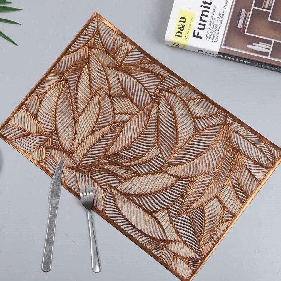Shop 0 Copper / 4 pieces / 30cm x 45cm 6/4pcs Rectangular Leaves Gilded Insulated Placemats High-end Hotel Restaurant Dining Table mat Decoration Hollowed-out Placemat Mademoiselle Home Decor