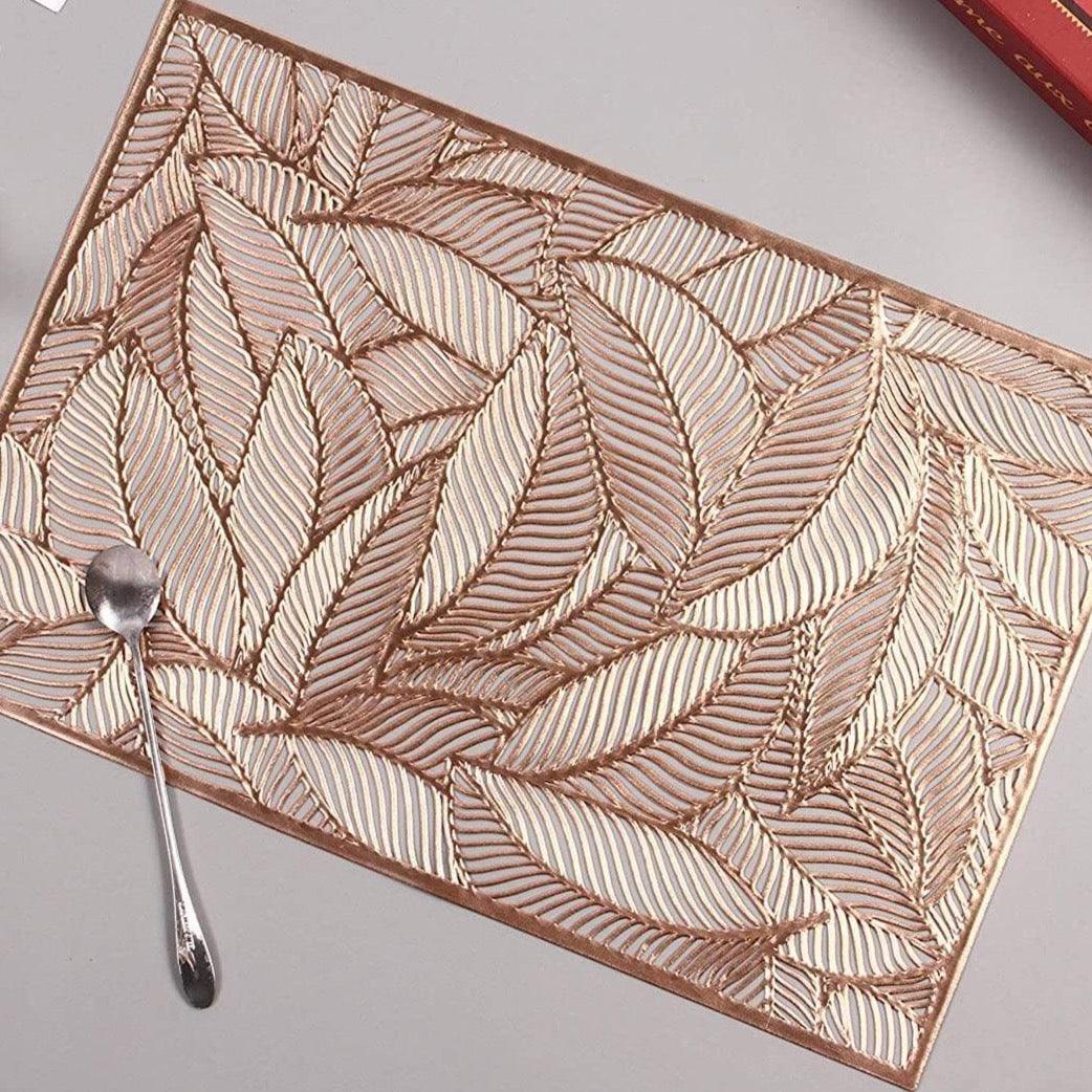 Shop 0 Rose Gold / 4 pieces / 30cm x 45cm 6/4pcs Rectangular Leaves Gilded Insulated Placemats High-end Hotel Restaurant Dining Table mat Decoration Hollowed-out Placemat Mademoiselle Home Decor