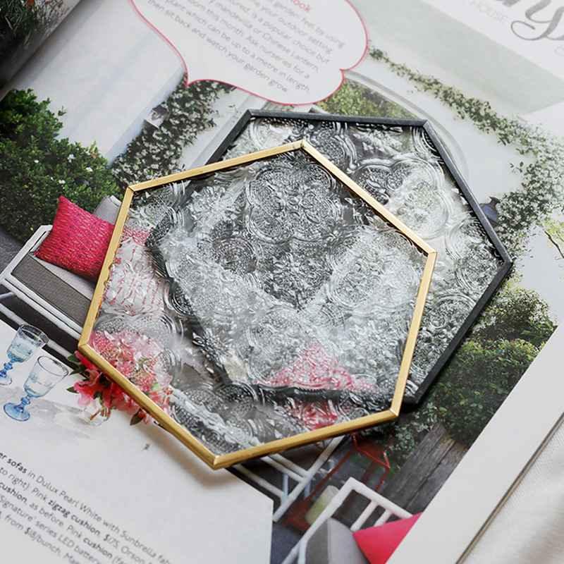 Shop 0 Ins European Retro Window Grille Glass Coaster Gold Copper Embossed Pattern Hexagonal Glass Coaster Dining Table Insulation Pad Mademoiselle Home Decor
