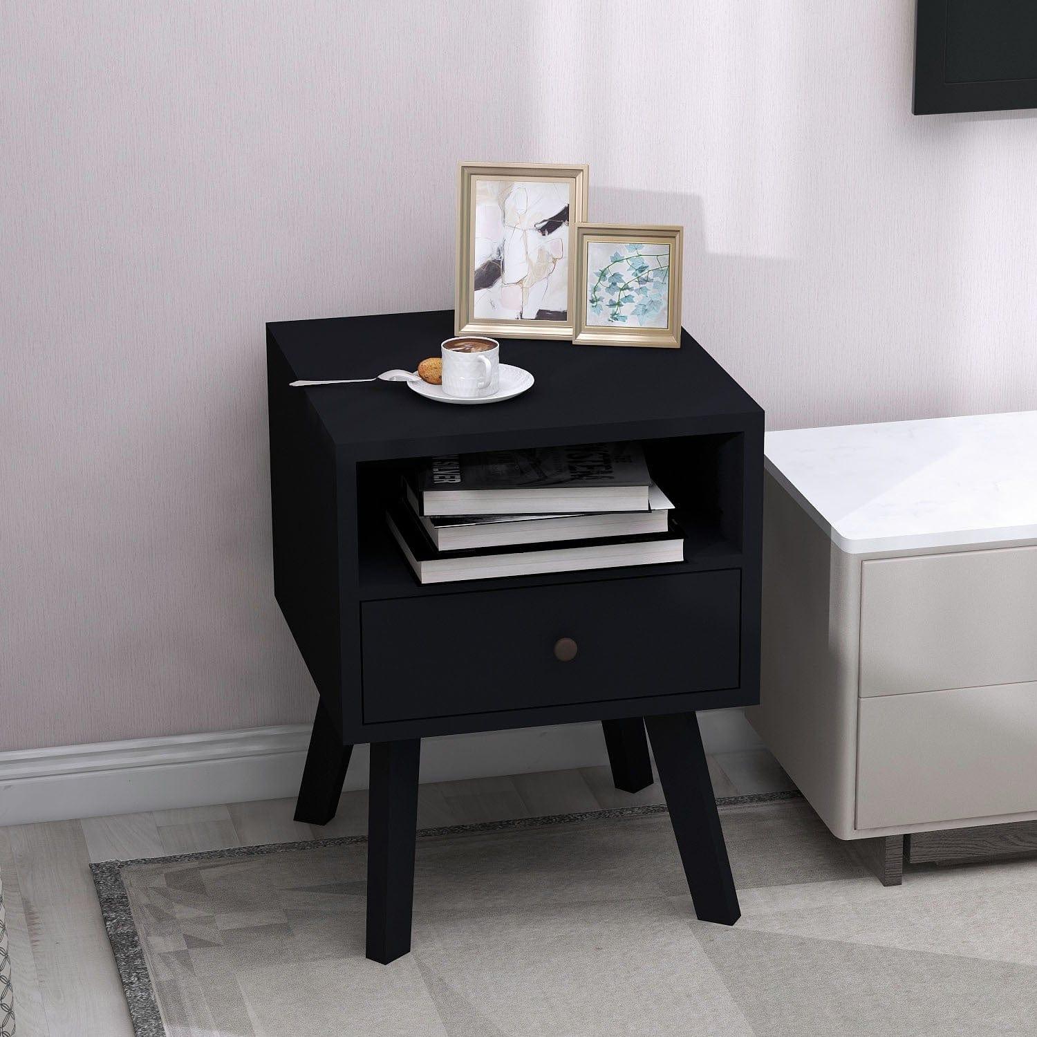 Shop Mid-Century Modern Bedside Table, 1 Drawer with Open Shelves, black Mademoiselle Home Decor