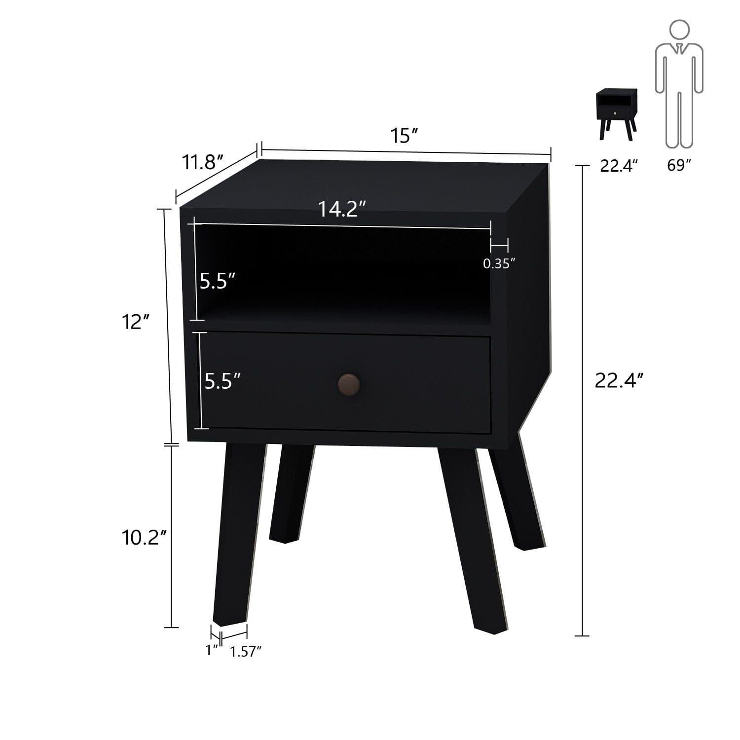Shop Mid-Century Modern Bedside Table, 1 Drawer with Open Shelves, black Mademoiselle Home Decor