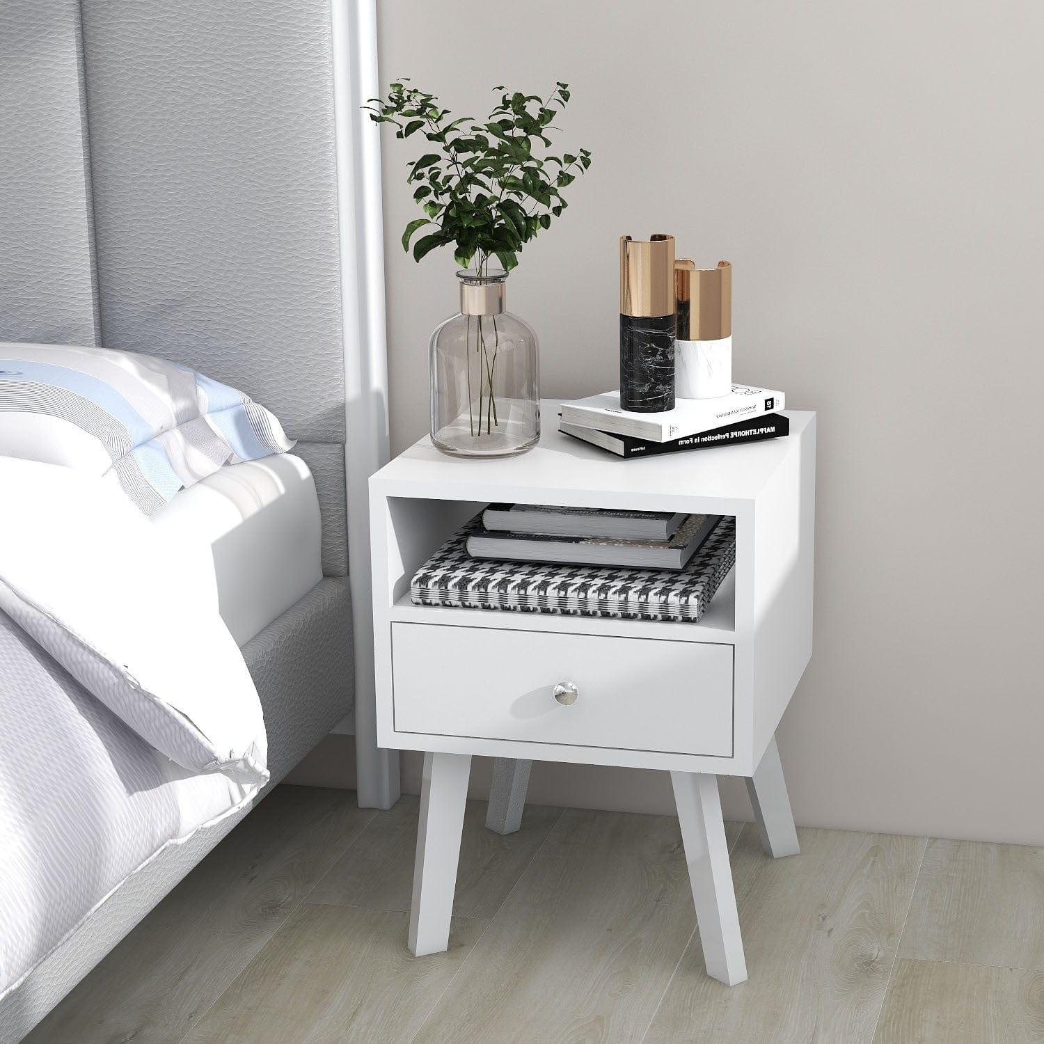 Shop Mid-Century Modern Bedside Table, 1 Drawer with Open Shelves, White Mademoiselle Home Decor