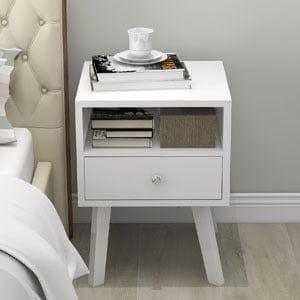 Shop Mid-Century Modern Bedside Table, 1 Drawer with Open Shelves, White Mademoiselle Home Decor