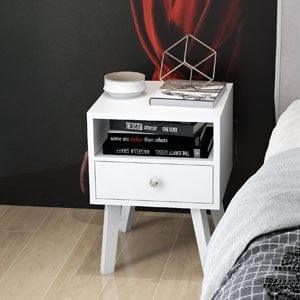 Shop Mid-Century Modern Bedside Table, 1 Drawer with Open Shelves, White Mademoiselle Home Decor