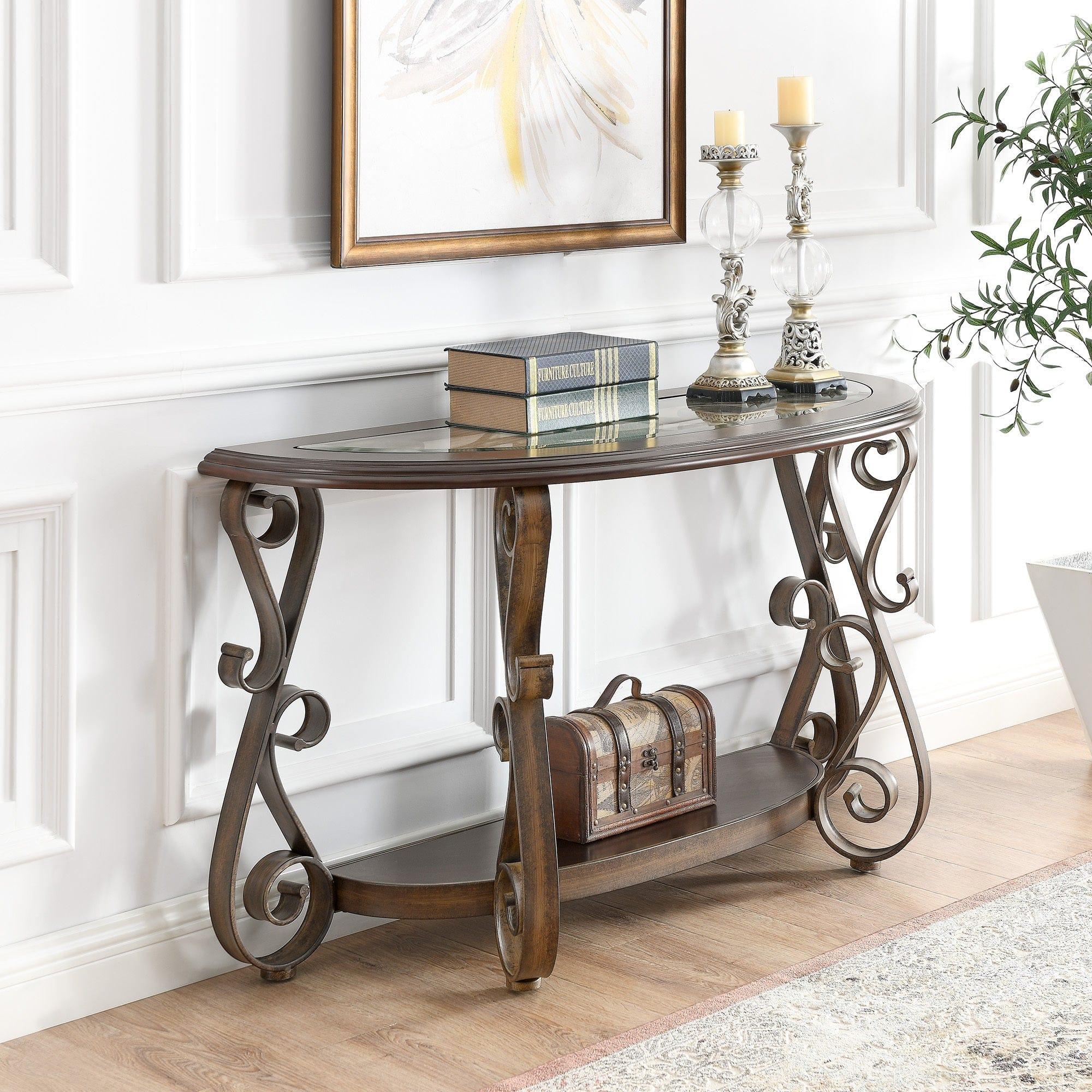 Shop Console Table with Glass Table Top and Powder Coat Finish Metal Legs，Dark Brown （25.5"X25.5"X23.5") Mademoiselle Home Decor