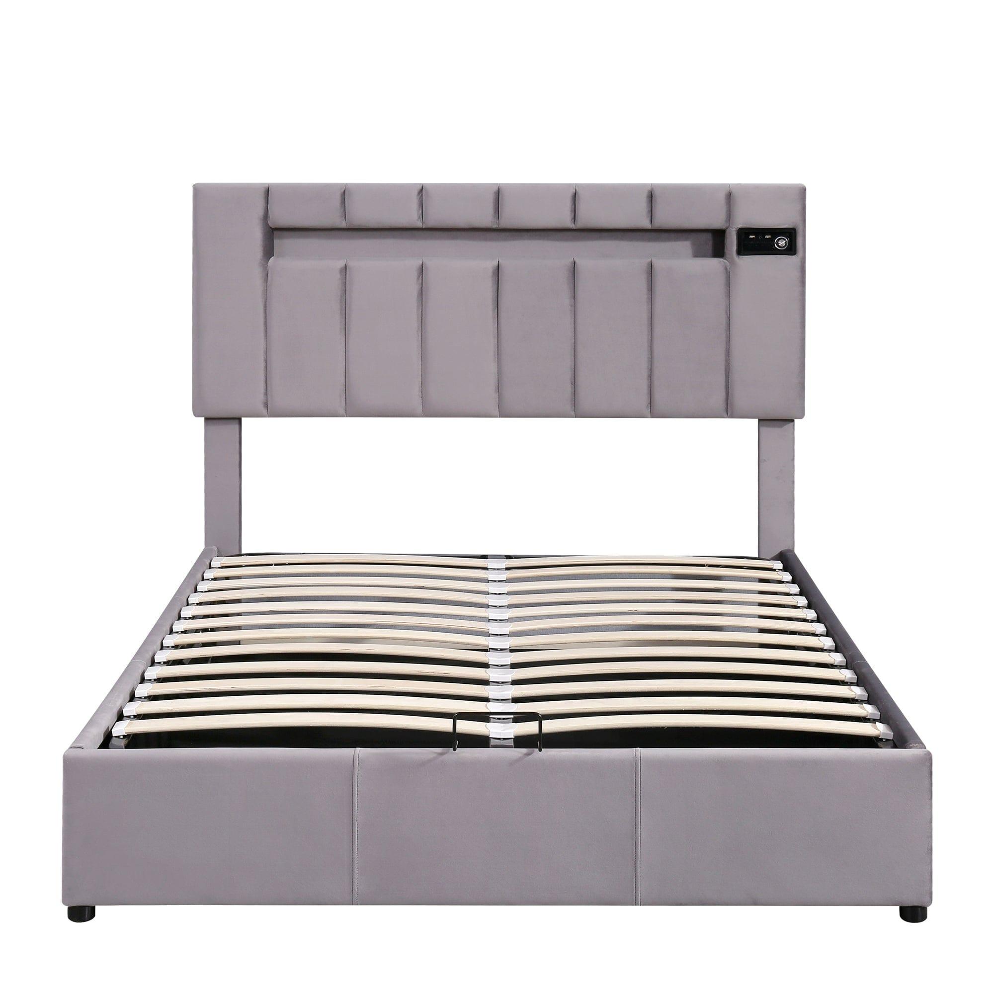 Shop Upholstered Bed Full Size with LED light, Bluetooth Player and USB Charging, Hydraulic Storage Bed in Gray Velvet Fabric Mademoiselle Home Decor