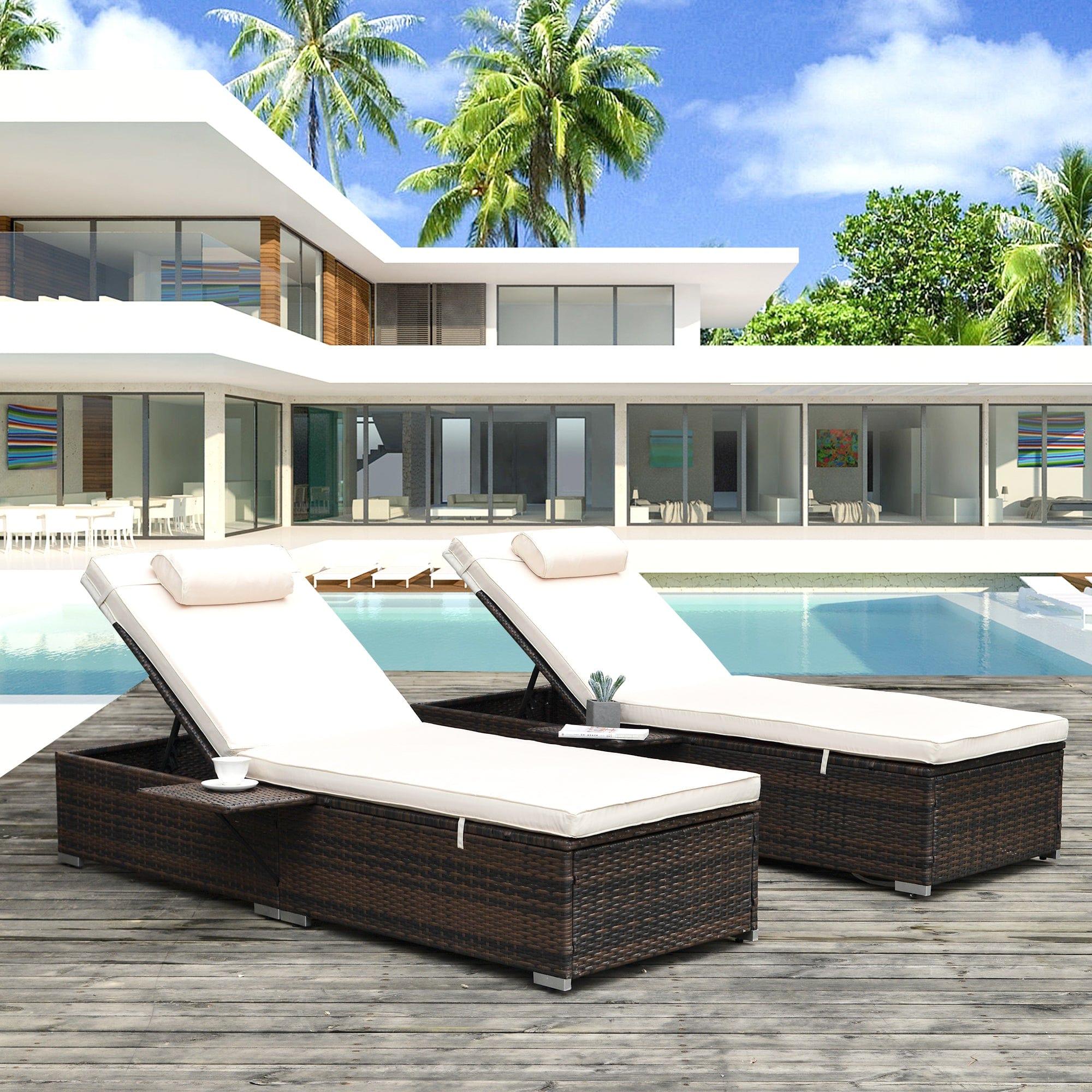 Shop Outdoor PE Wicker Chaise Lounge - 2 Piece Patio Brown Rattan Reclining Chair Furniture Set Beach Pool Adjustable Backrest Recliners with Side Table and Comfort Head Pillow （Same as W213S00037） Mademoiselle Home Decor