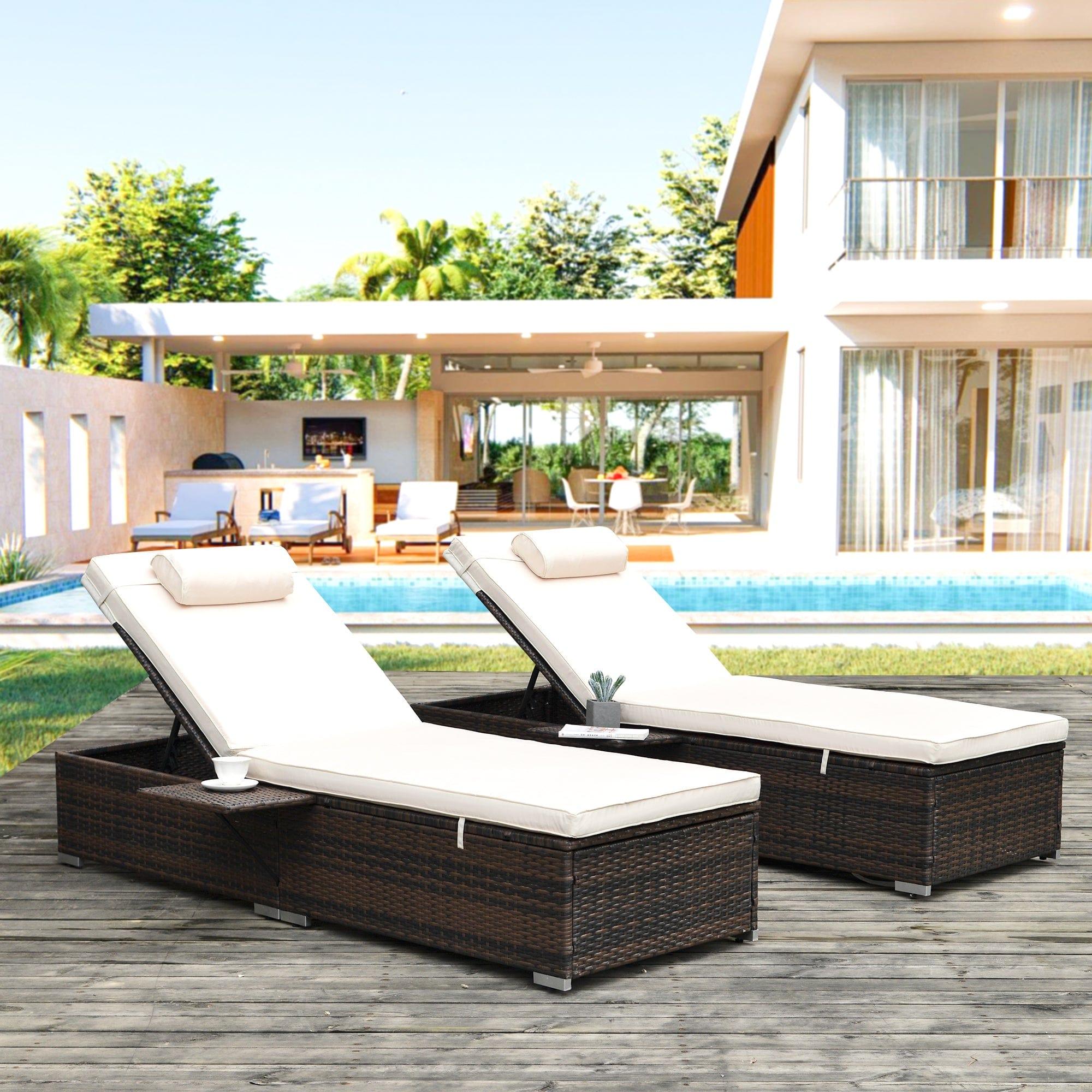 Shop Outdoor PE Wicker Chaise Lounge - 2 Piece Patio Brown Rattan Reclining Chair Furniture Set Beach Pool Adjustable Backrest Recliners with Side Table and Comfort Head Pillow （Same as W213S00037） Mademoiselle Home Decor