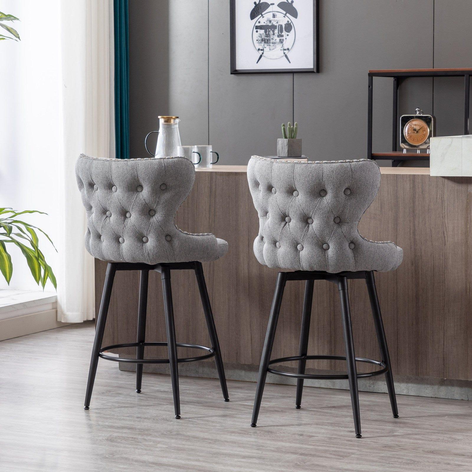 Shop A&A Furniture,Counter Height 25" Modern Linen Fabric Counter Chairs,180° Swivel Bar Stool Chair for Kitchen,Tufted Cupreous Nailhead Trim Burlap Bar Stools with Metal Legs,Set of 2 (Gray) Mademoiselle Home Decor