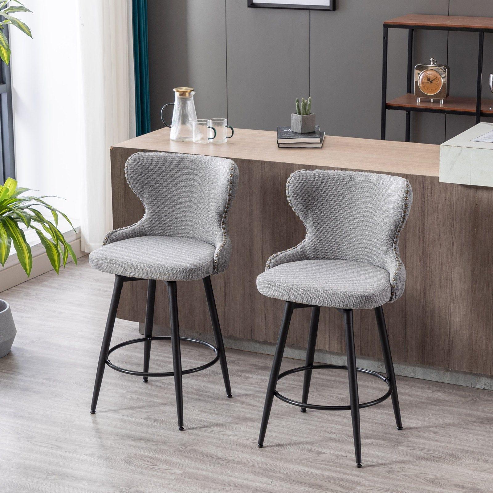 Shop A&A Furniture,Counter Height 25" Modern Linen Fabric Counter Chairs,180° Swivel Bar Stool Chair for Kitchen,Tufted Cupreous Nailhead Trim Burlap Bar Stools with Metal Legs,Set of 2 (Gray) Mademoiselle Home Decor