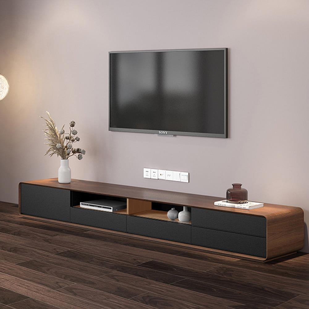 Shop Modern Wood Black TV Stand, Lowline Media Console with 4 Drawers, Open Storage Cabinet, Walnut Veneer, Fully-assembled, 78" Mademoiselle Home Decor