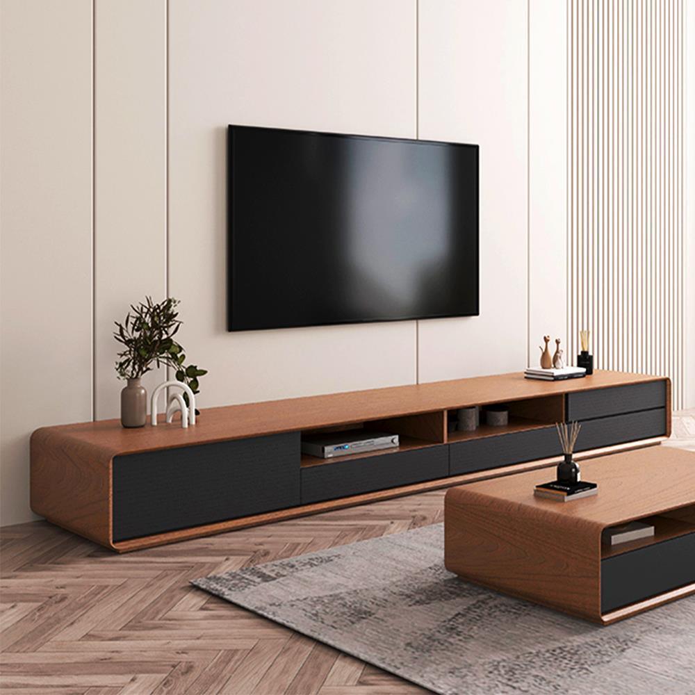 Shop Modern Wood Black TV Stand, Lowline Media Console with 4 Drawers, Open Storage Cabinet, Walnut Veneer, Fully-assembled, 78" Mademoiselle Home Decor