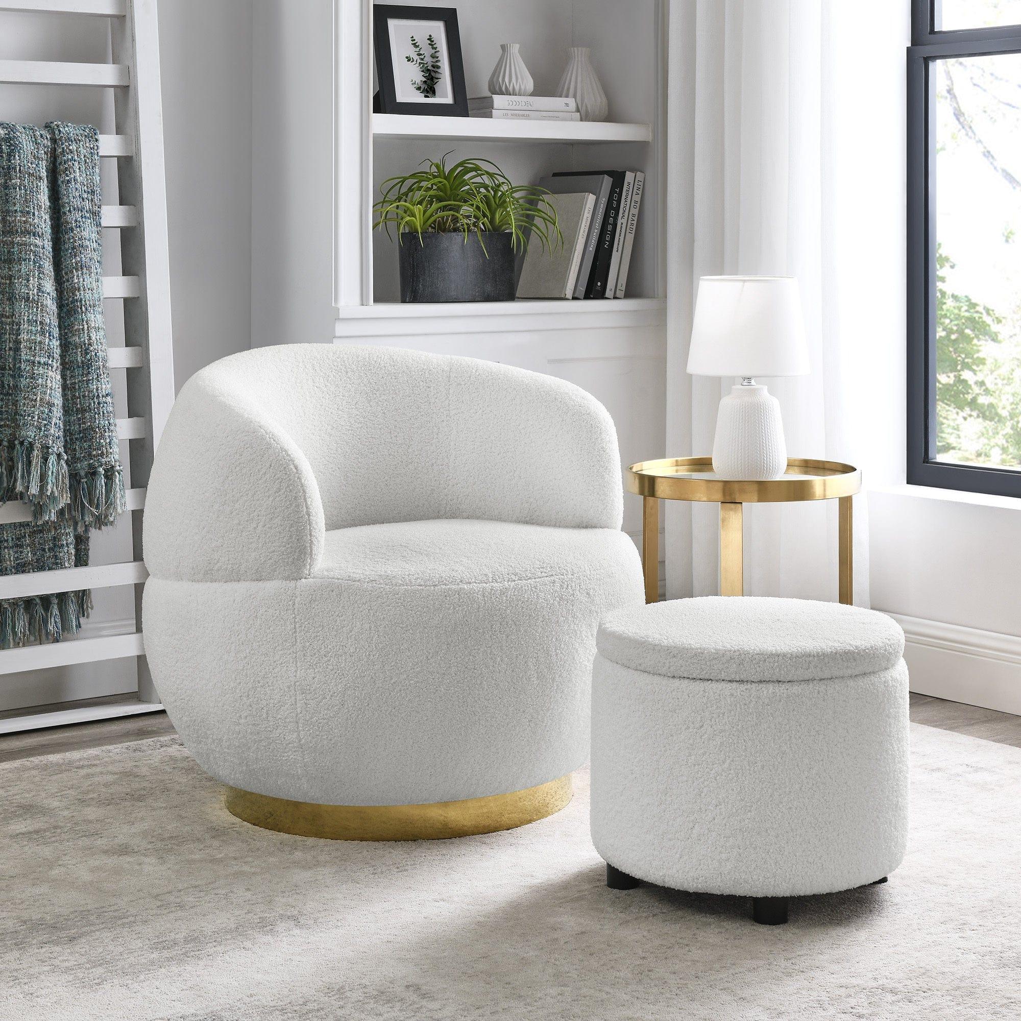 Shop Swviel Barrel Chair with Gold Stainless Steel Base, with Storage Ottoman, Teddy Fabric, Ivory Mademoiselle Home Decor