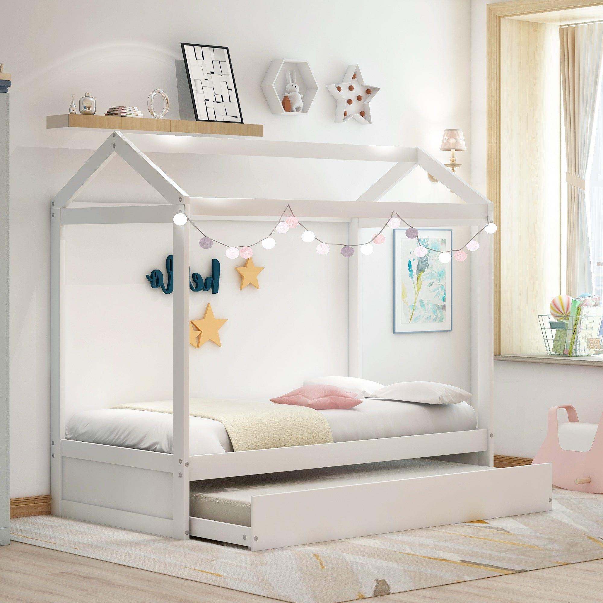 Shop House Bed with Trundle, can be Decorated,White(Old SKU:SM000103AAK) Mademoiselle Home Decor