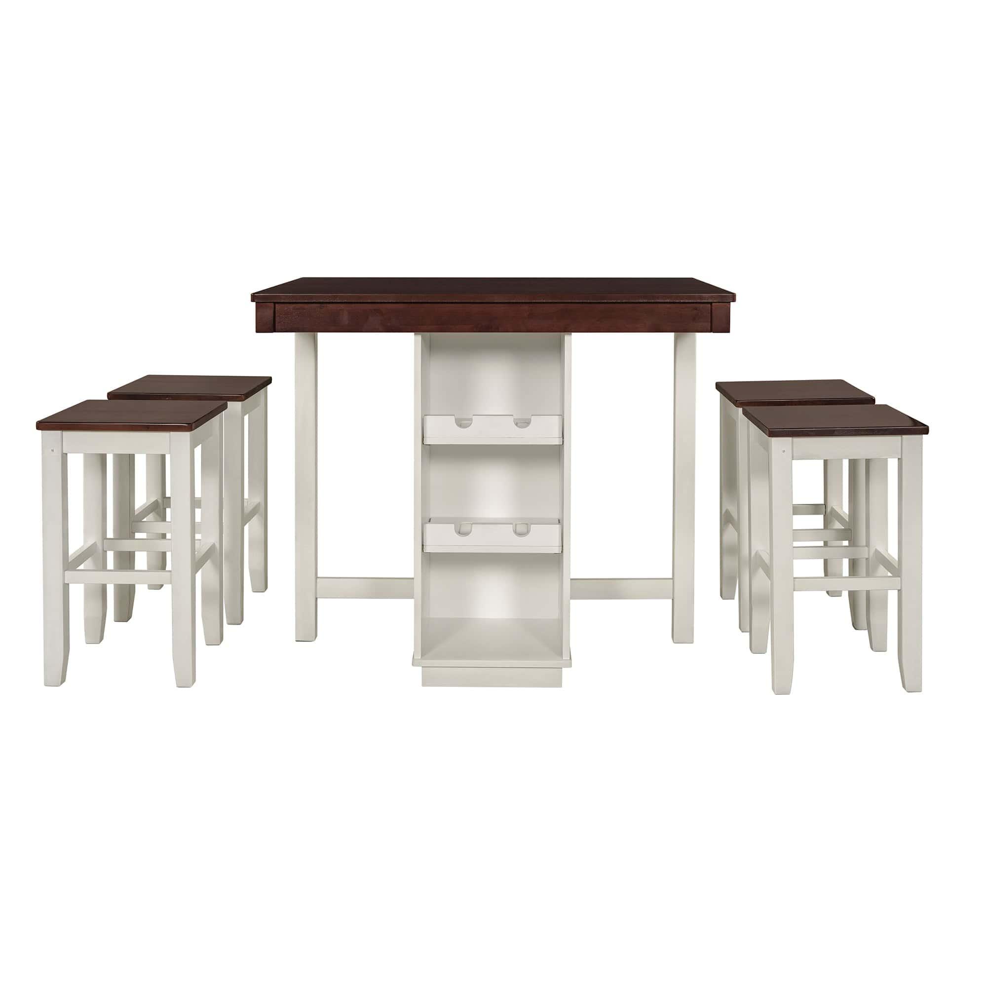 Shop TOPMAX Farmhouse 5-pieces Counter Height Dining Sets, Square Wood Table with 3-Tier Adjustable Storage Shelves and Wine Racks for Small Spaces, Set of 4 Stools, White Mademoiselle Home Decor