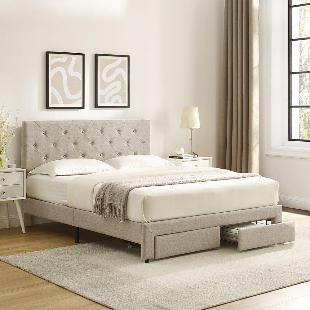 Shop Full Size Storage Bed Linen Upholstered Platform Bed with a 2 Drawers (Beige) Mademoiselle Home Decor