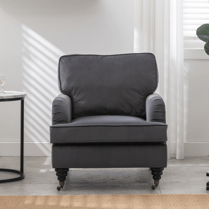 Shop Velvet Accent Chair, Sofa Armchair with Casters, Mid-Century Modern Velvet Upholstered Comfort Oversized Armchair with Wooden Legs, Reading Chair，Living Room Chair, Dark  Grey Mademoiselle Home Decor