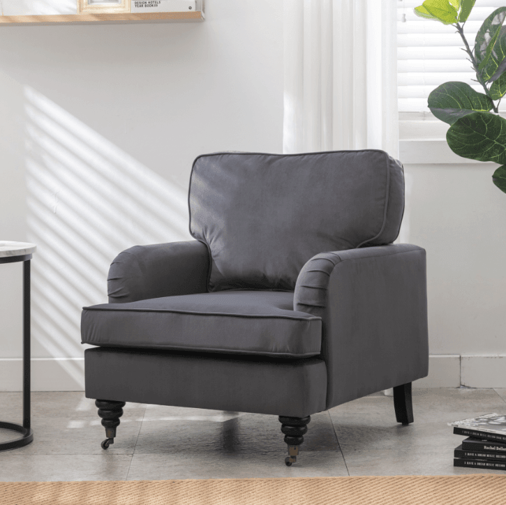 Shop Velvet Accent Chair, Sofa Armchair with Casters, Mid-Century Modern Velvet Upholstered Comfort Oversized Armchair with Wooden Legs, Reading Chair，Living Room Chair, Dark  Grey Mademoiselle Home Decor