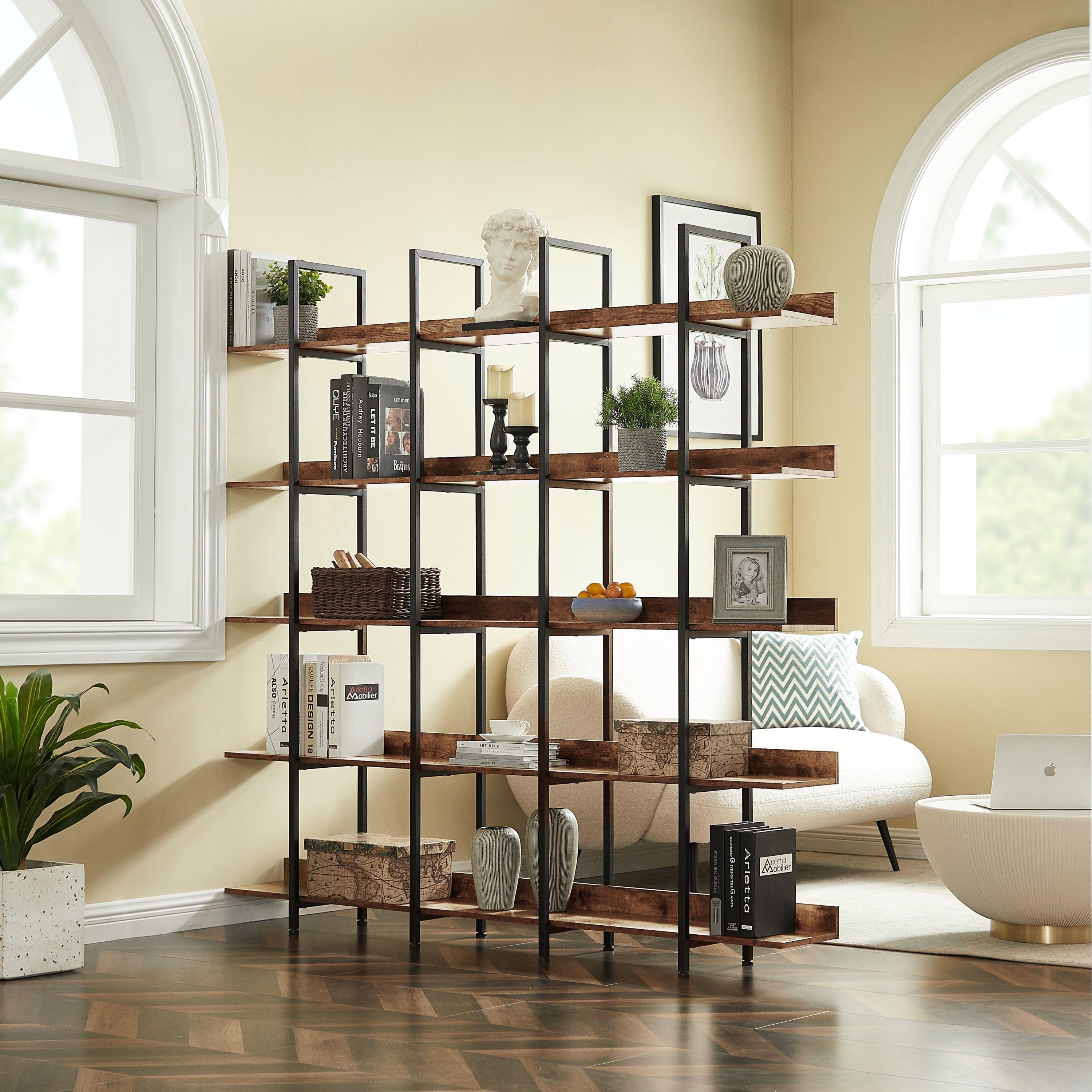 Shop [VIDEO] 5 Tier Bookcase Home Office Open Bookshelf, Vintage Industrial Style Shelf with Metal Frame, MDF Board Mademoiselle Home Decor