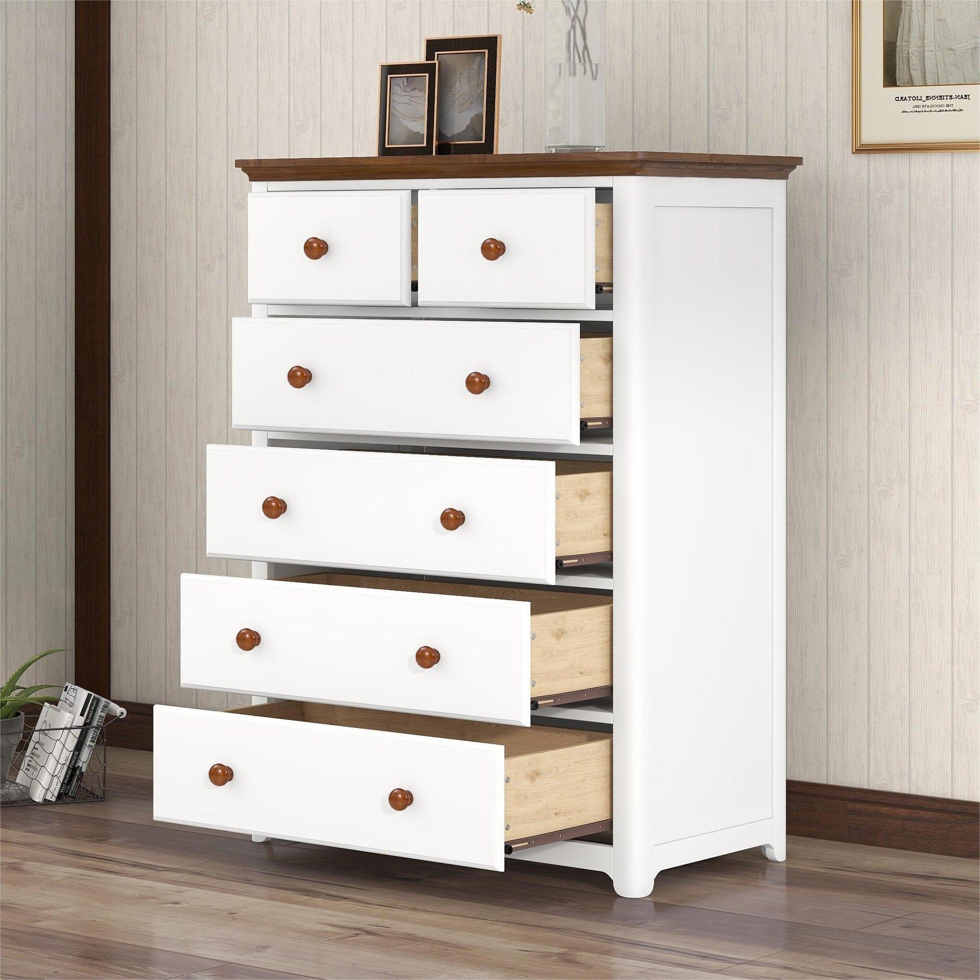 Shop Rustic Wooden Chest with 6 Drawers,Storage Cabinet for Bedroom,White+Walnut Mademoiselle Home Decor