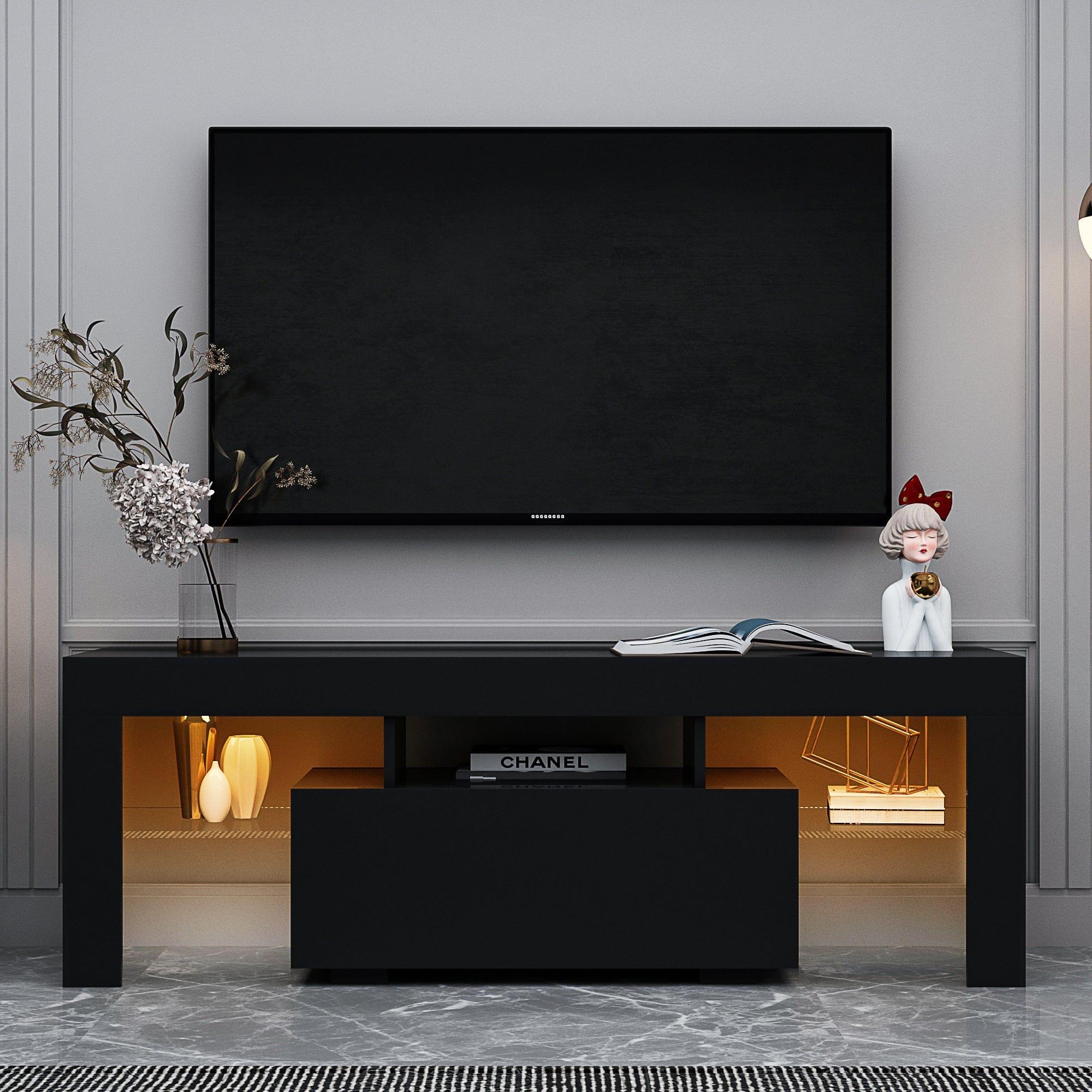 Shop Black TV Stand with LED RGB Lights,Flat Screen TV Cabinet, Gaming Consoles - in Lounge Room, Living Room and Bedroom(Black) Mademoiselle Home Decor