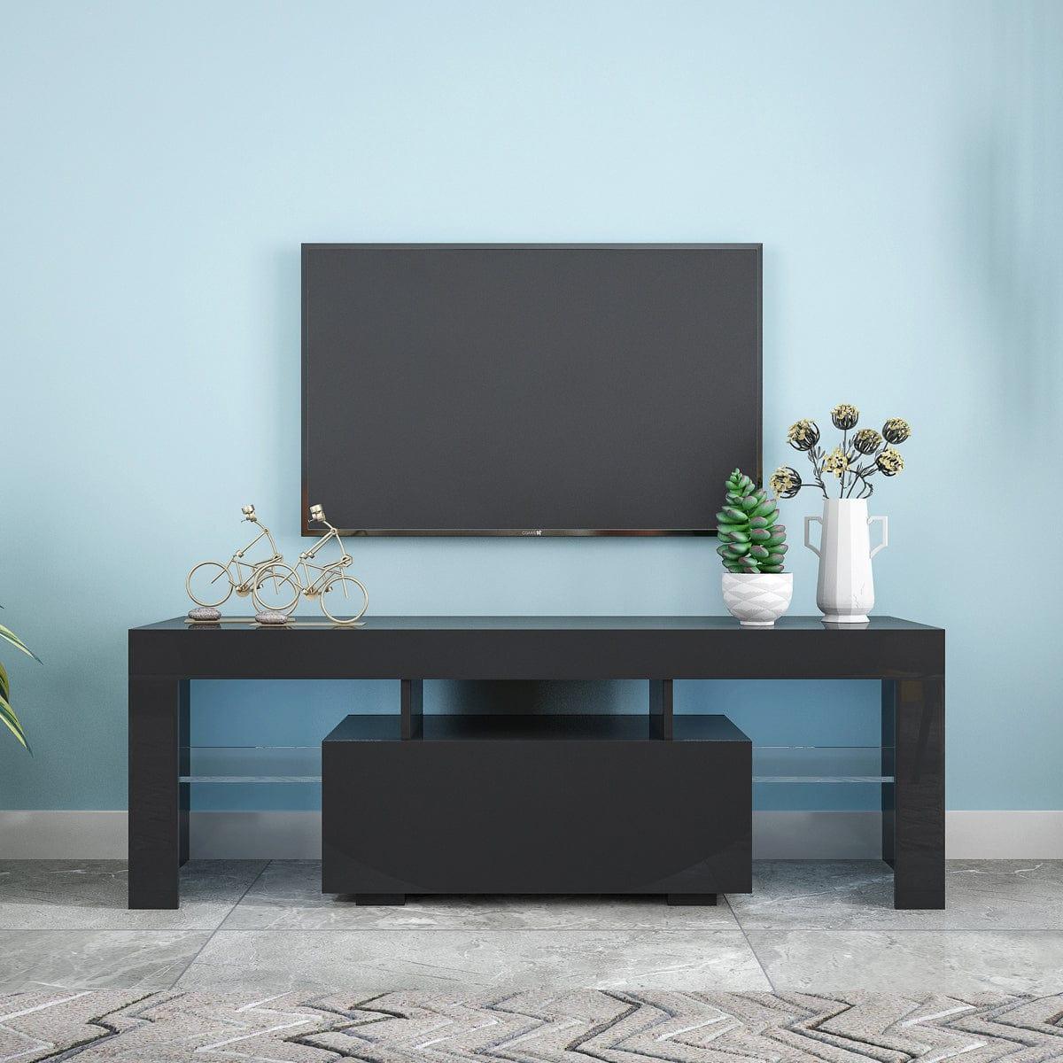 Shop Black TV Stand with LED RGB Lights,Flat Screen TV Cabinet, Gaming Consoles - in Lounge Room, Living Room and Bedroom(Black) Mademoiselle Home Decor