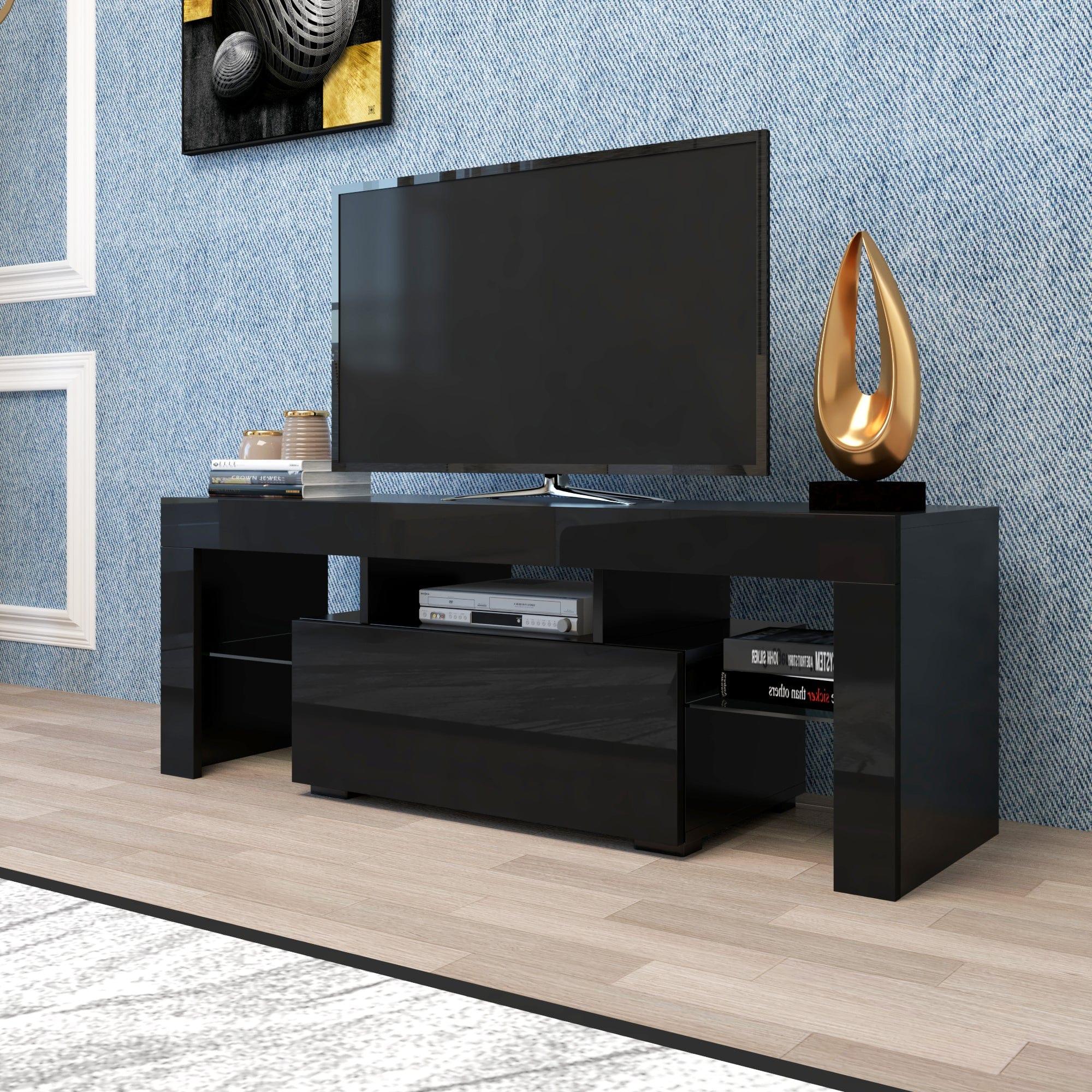 Shop Black TV Stand with LED RGB Lights,Flat Screen TV Cabinet, Gaming Consoles - in Lounge Room, Living Room and Bedroom(Black) Mademoiselle Home Decor