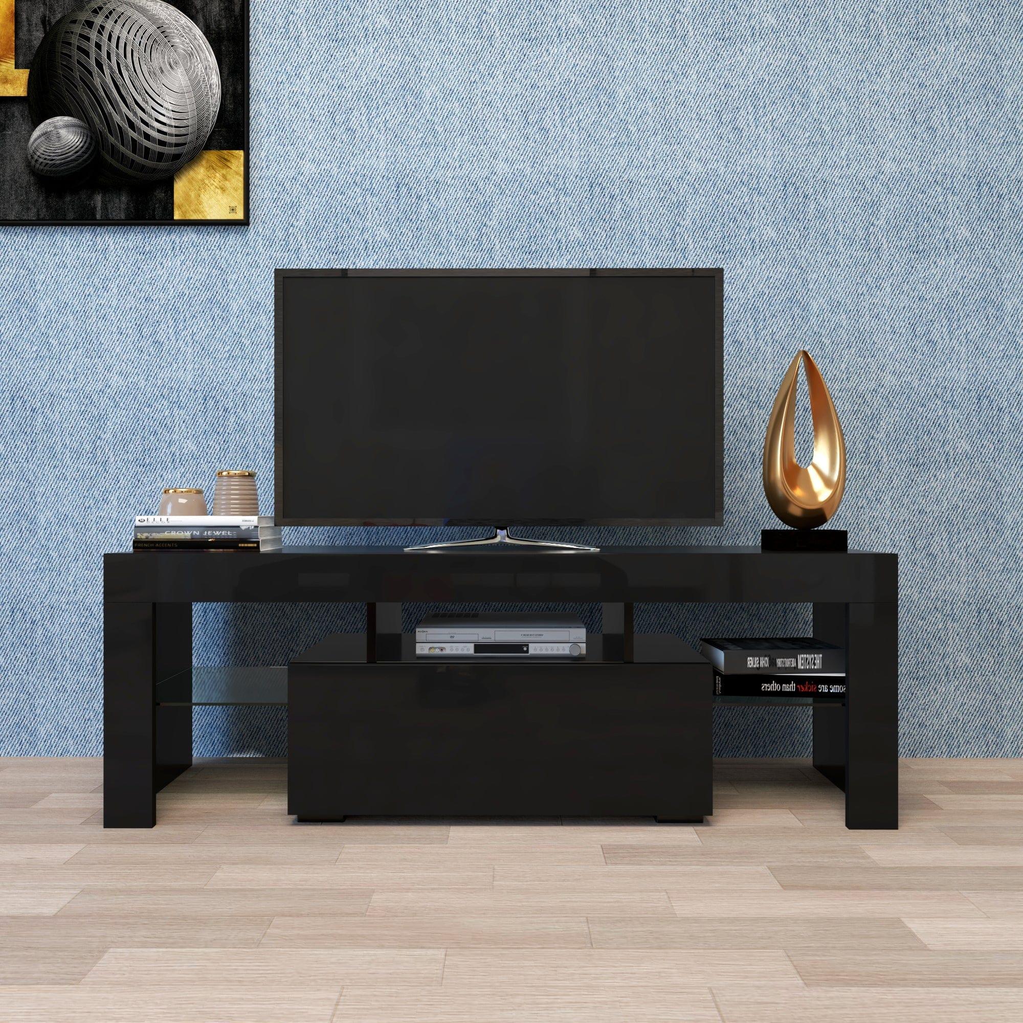 Shop Black TV Stand with LED RGB Lights,Flat Screen TV Cabinet, Gaming Consoles - in Lounge Room, Living Room and Bedroom(Black) Mademoiselle Home Decor