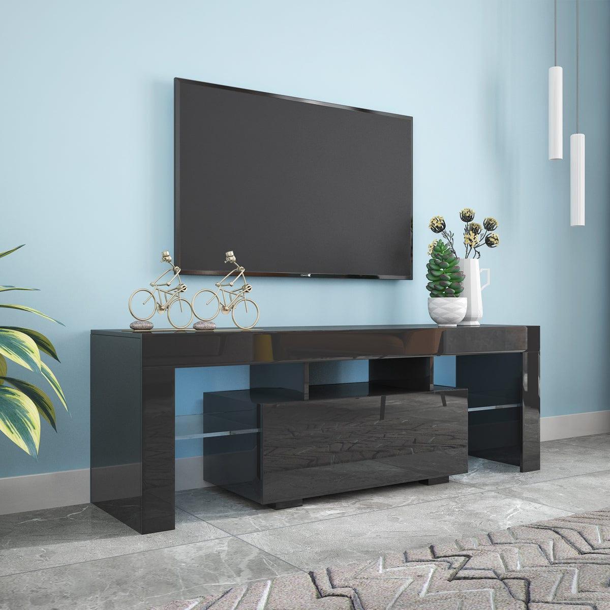 Shop Black TV Stand with LED RGB Lights,Flat Screen TV Cabinet, Gaming Consoles - in Lounge Room, Living Room and Bedroom(Black) Mademoiselle Home Decor