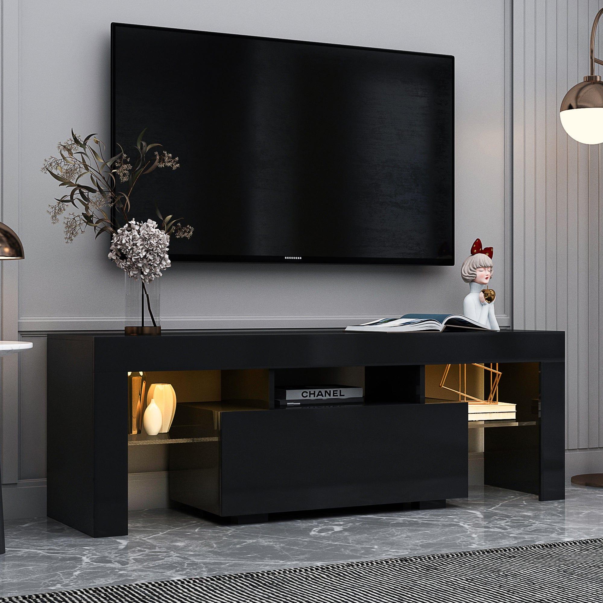 Shop Black TV Stand with LED RGB Lights,Flat Screen TV Cabinet, Gaming Consoles - in Lounge Room, Living Room and Bedroom(Black) Mademoiselle Home Decor