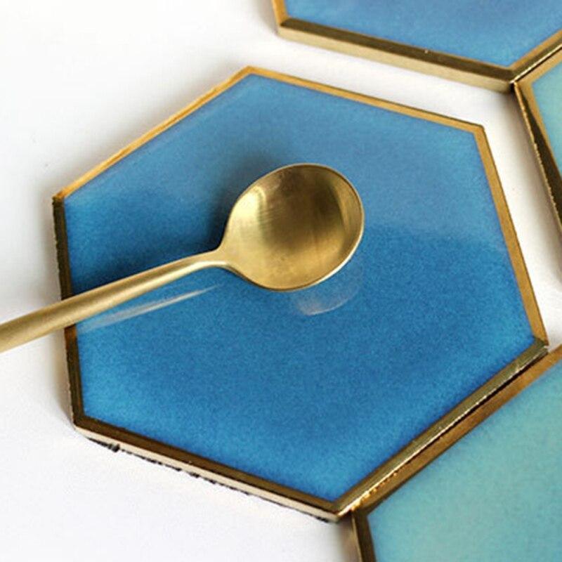 Shop 0 1pcs Nordic Hexagon Gold-plated Ceramic Placemat Heat Insulation Coaster Porcelain Mats Pads Table Decoration Mademoiselle Home Decor