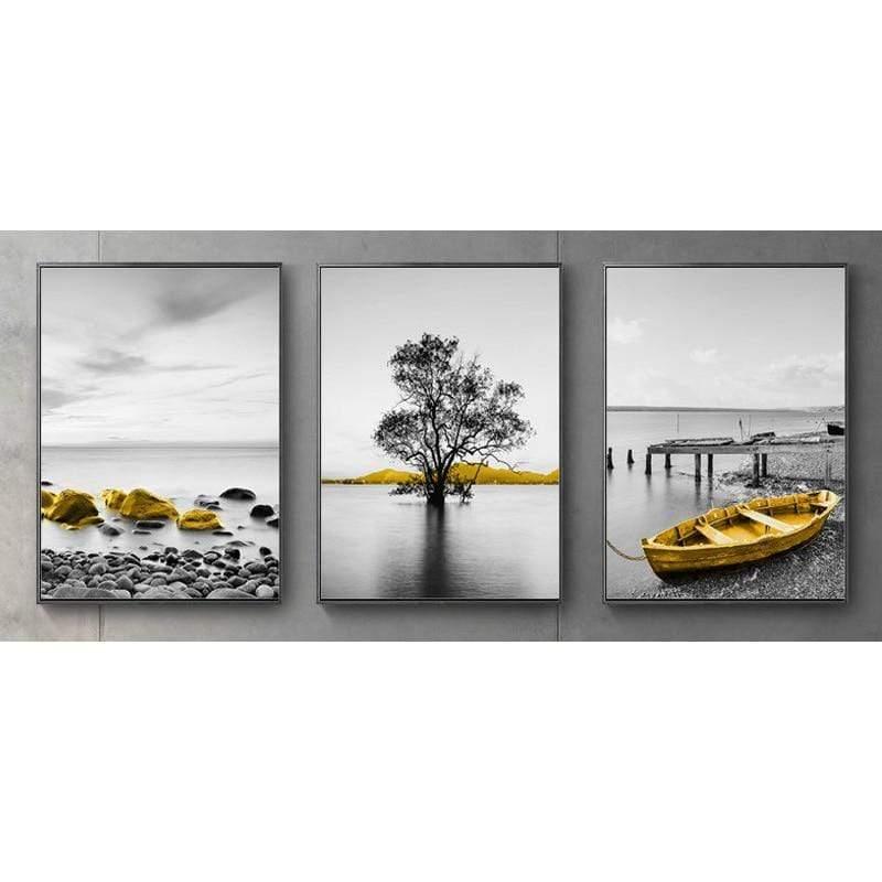 Shop 0 13x18cm no frame / 3 pcs set Golden Retro Natural Scenery Canvas Poster Nordic Boat Tree Lake Wall Art  Modern Home Decoration Picture for Interior Paintings Mademoiselle Home Decor