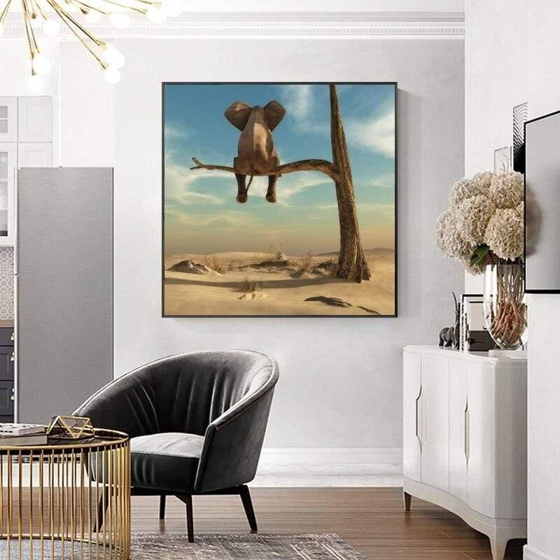Shop 0 Elephant Sits On Tree Branch Modern Art Canvas Posters And Prints Surrealism Art Paintings Funny Art Animals Pictures Cuadros Mademoiselle Home Decor