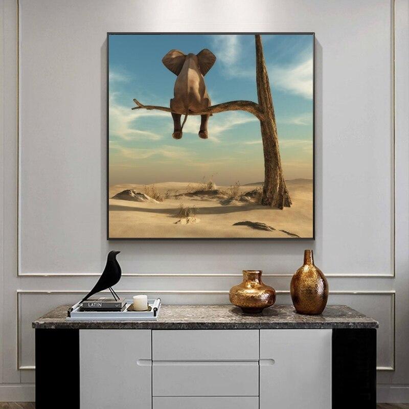 Shop 0 Elephant Sits On Tree Branch Modern Art Canvas Posters And Prints Surrealism Art Paintings Funny Art Animals Pictures Cuadros Mademoiselle Home Decor