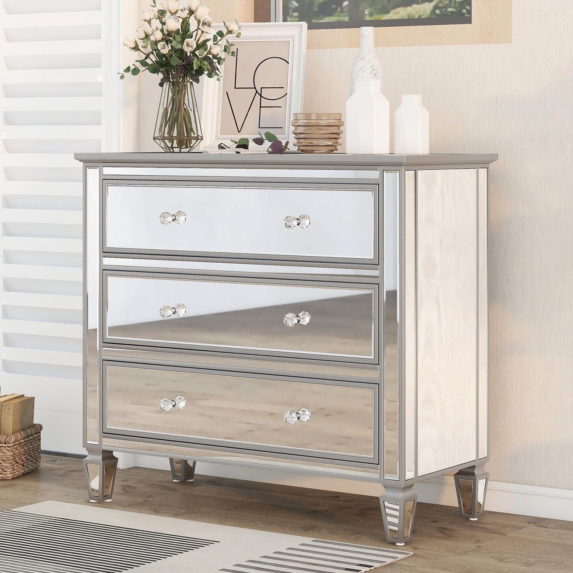 Shop Elegant Mirrored Chest with 3 Drawers, Modern Silver Finished Chest for Living Room Bedroom Mademoiselle Home Decor