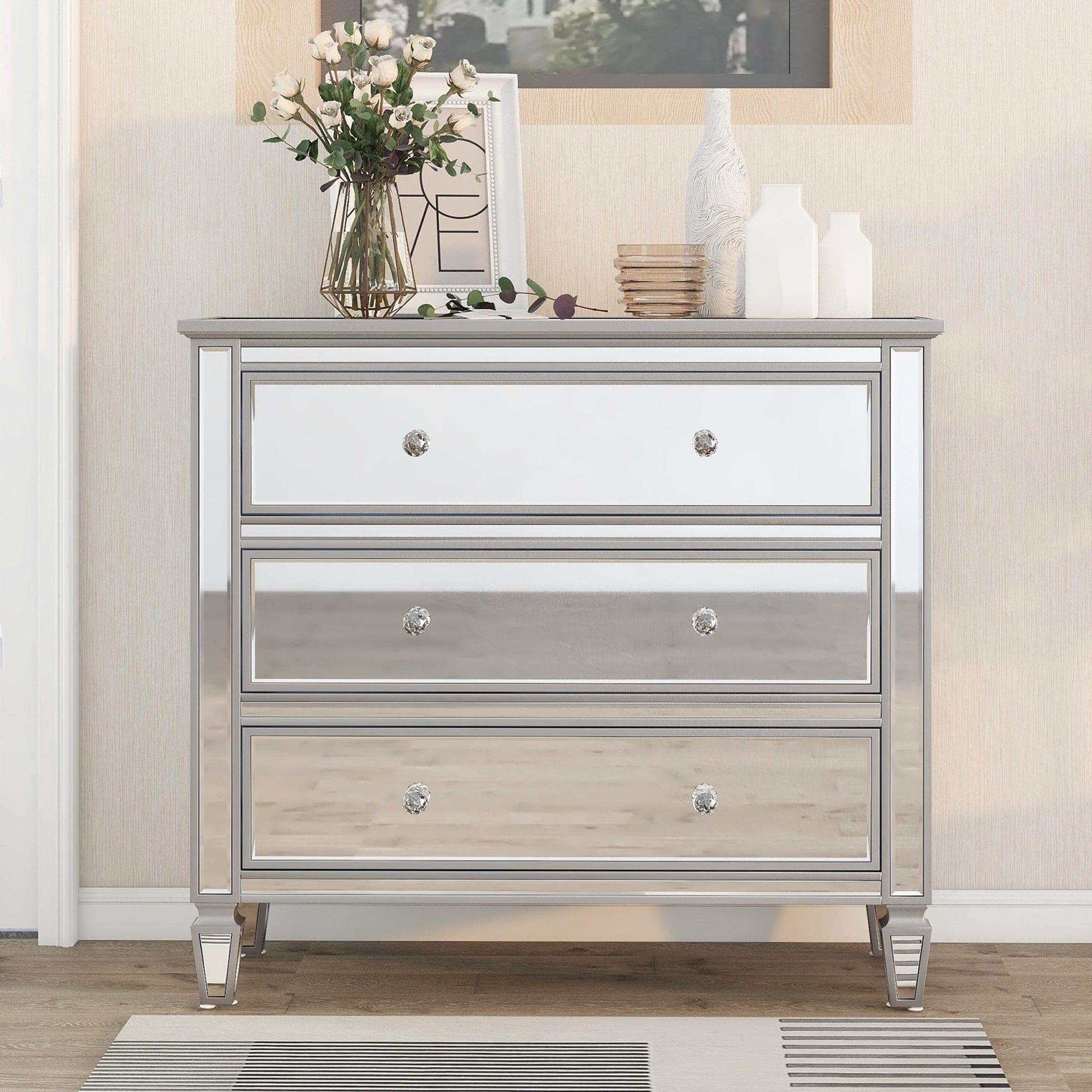 Shop Elegant Mirrored Chest with 3 Drawers, Modern Silver Finished Chest for Living Room Bedroom Mademoiselle Home Decor