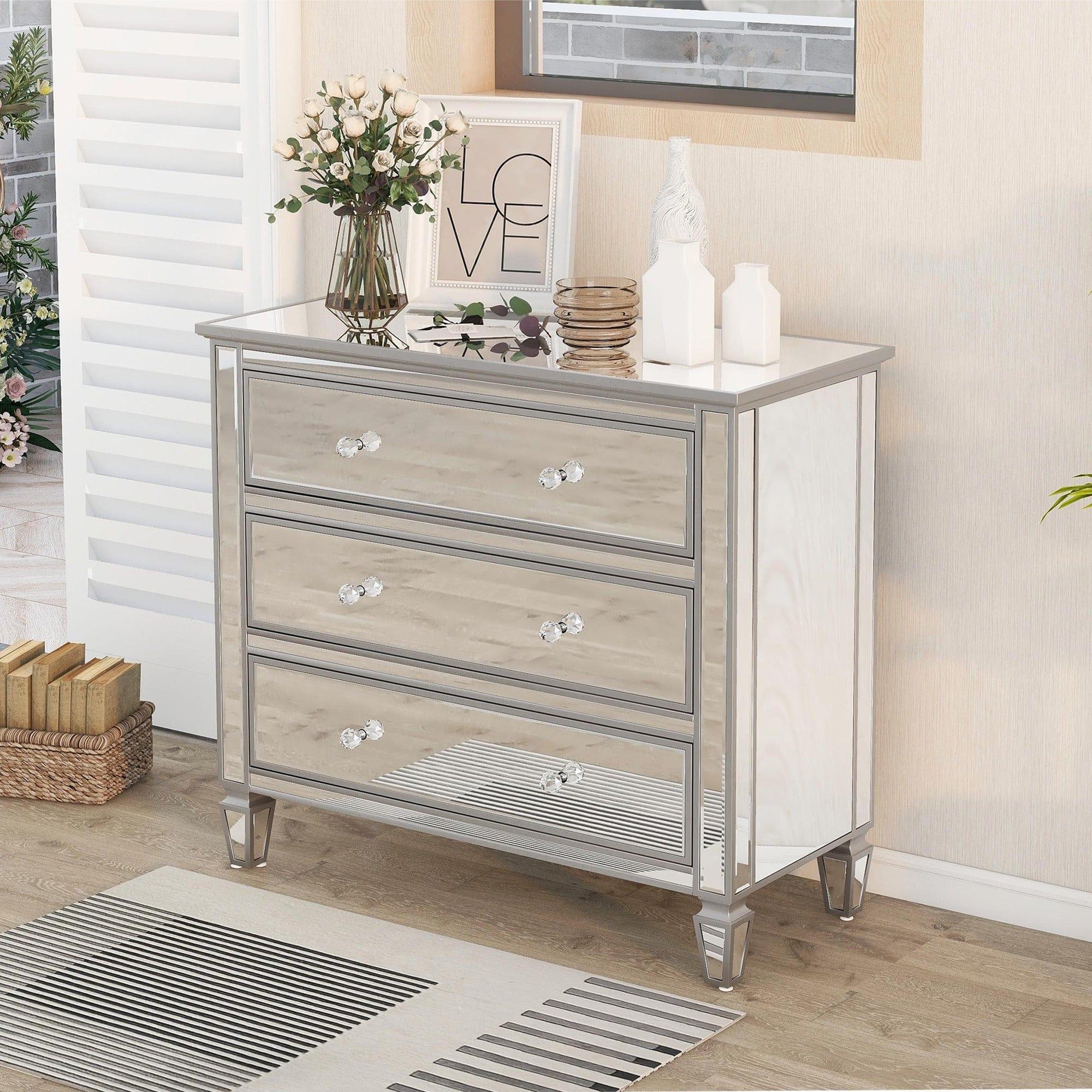 Shop Elegant Mirrored Chest with 3 Drawers, Modern Silver Finished Chest for Living Room Bedroom Mademoiselle Home Decor